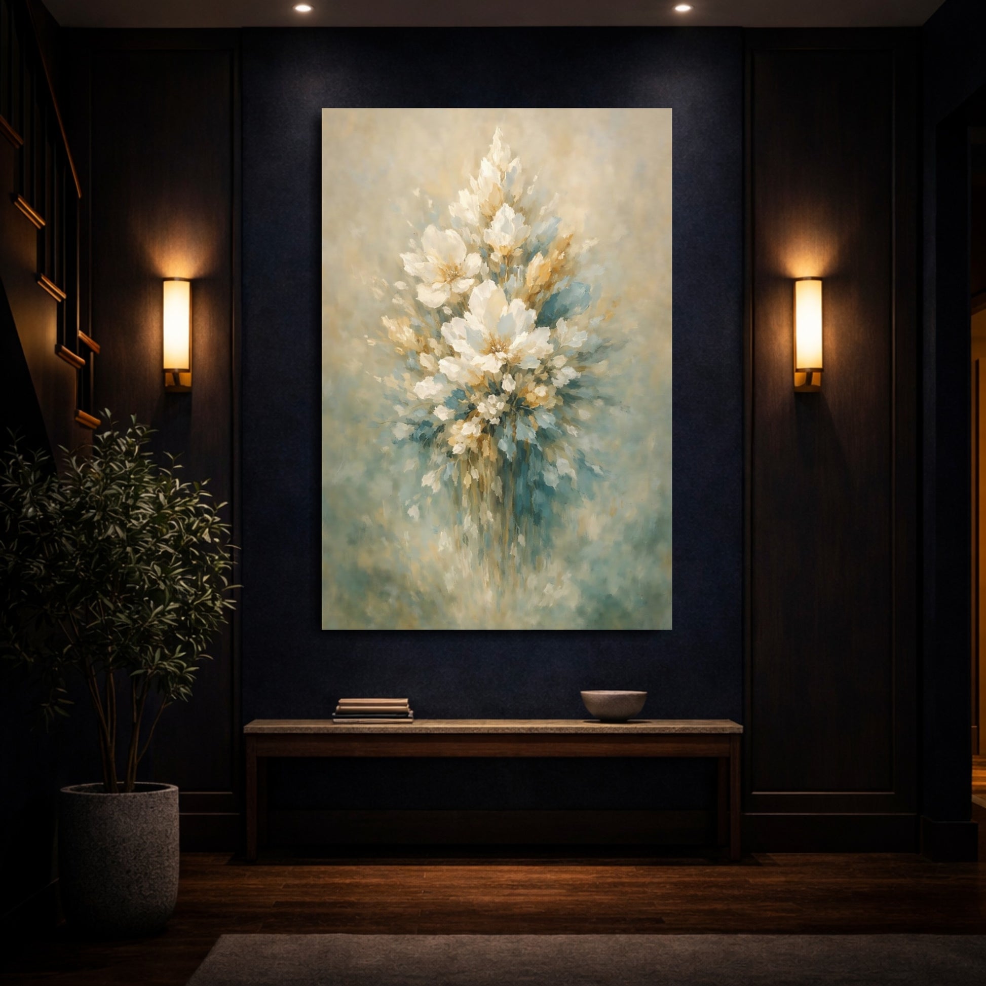 Mockup 3. Floral Floral Bouquet Muted Floral Teal Gold shown as stretched canvas wall art