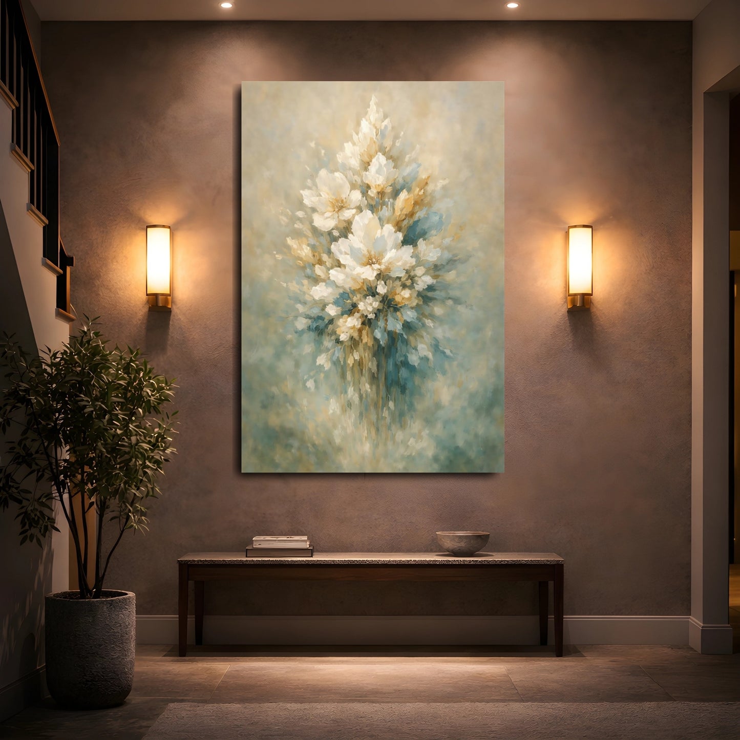 Mockup 4. Floral Floral Bouquet Muted Floral Teal Gold shown as stretched canvas wall art