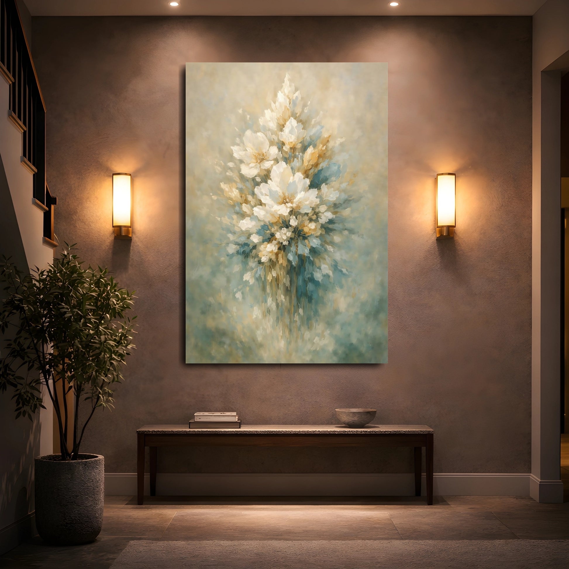 Mockup 4. Floral Floral Bouquet Muted Floral Teal Gold shown as stretched canvas wall art