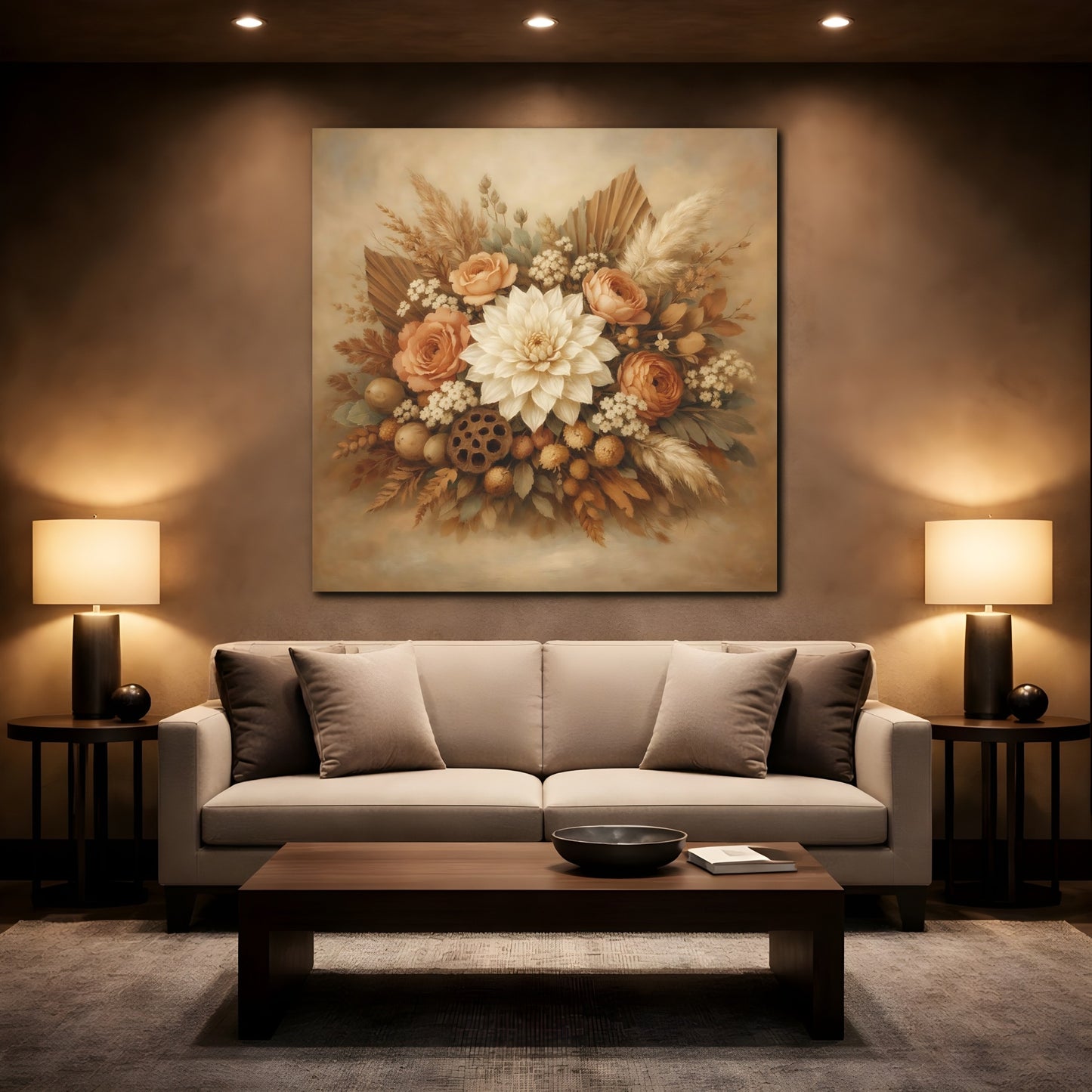 Mockup 2. Floral Floral Bouquet Neutral Floral Bouquet shown as stretched canvas wall art