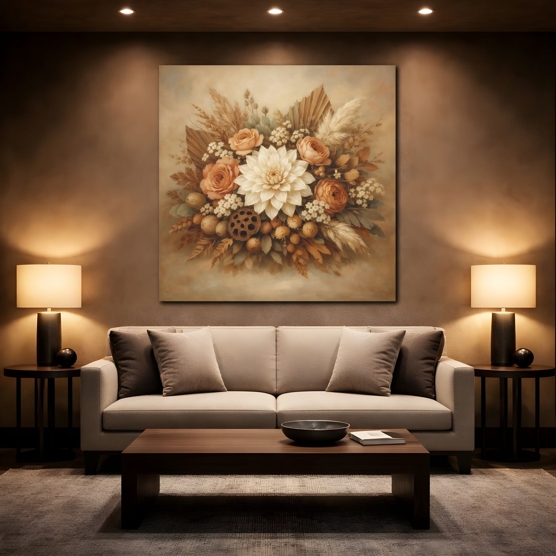Mockup 2. Floral Floral Bouquet Neutral Floral Bouquet shown as stretched canvas wall art