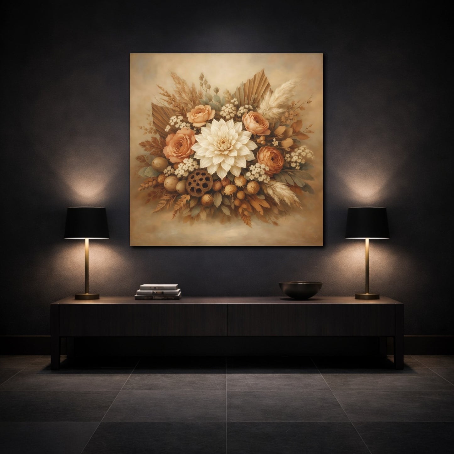 Mockup 3. Floral Floral Bouquet Neutral Floral Bouquet shown as stretched canvas wall art
