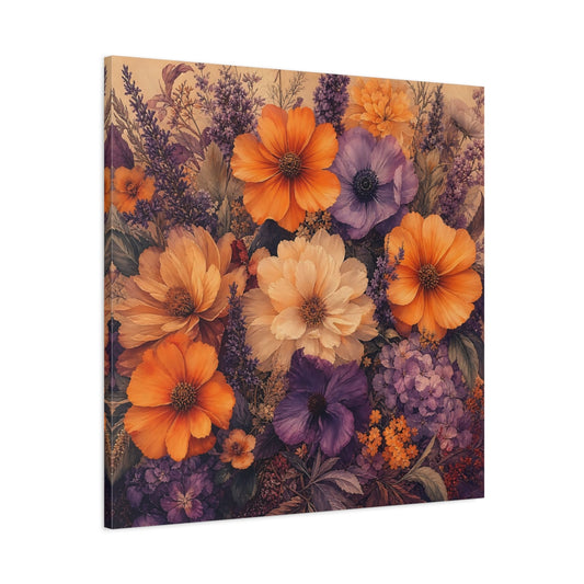 Main Mockup. Floral Floral Bouquet Orange Purple Floral shown as stretched canvas wall art