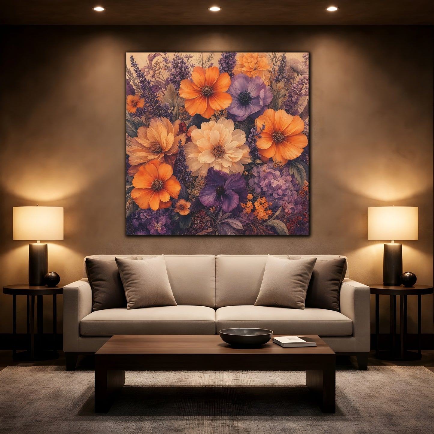 Mockup 2. Floral Floral Bouquet Orange Purple Floral shown as stretched canvas wall art