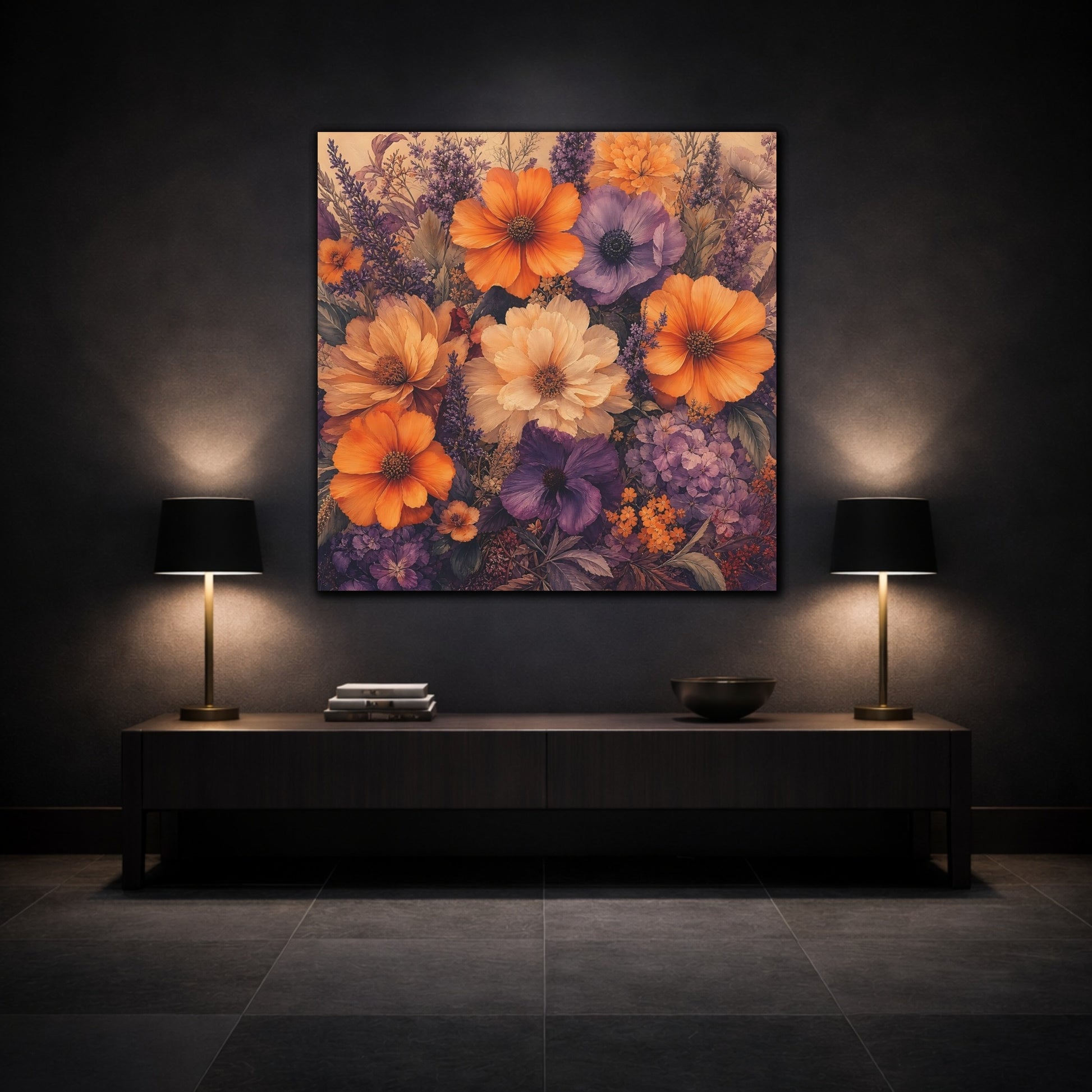 Mockup 3. Floral Floral Bouquet Orange Purple Floral shown as stretched canvas wall art