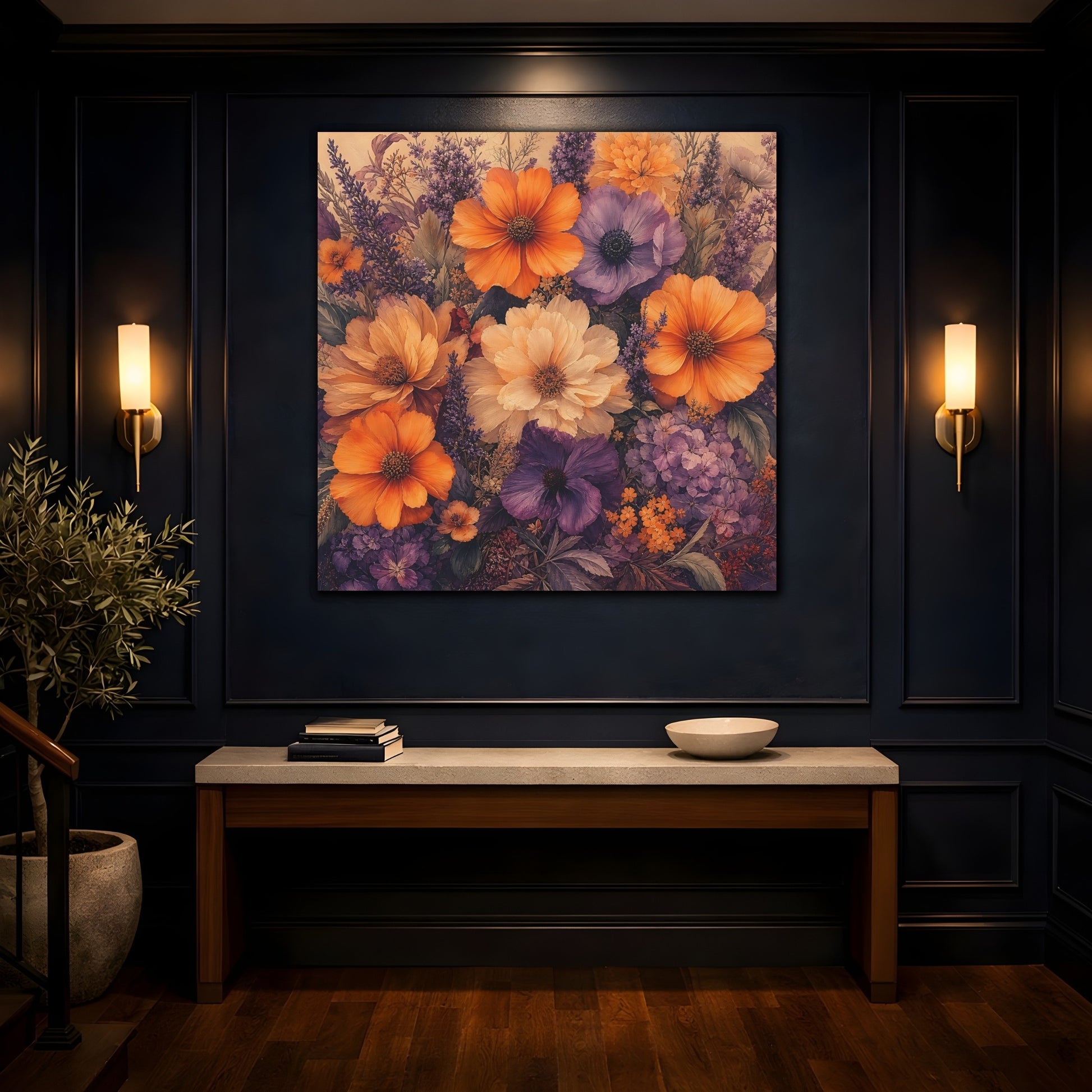 Mockup 4. Floral Floral Bouquet Orange Purple Floral shown as stretched canvas wall art
