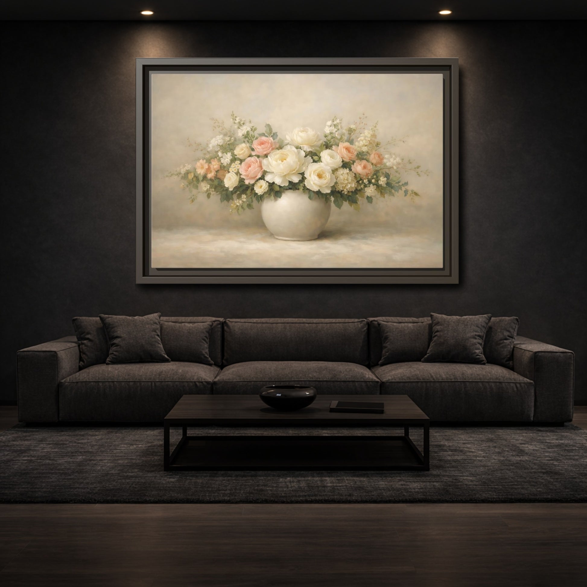 Mockup 2. Floral Floral Bouquet Pastel Floral shown as stretched canvas wall art