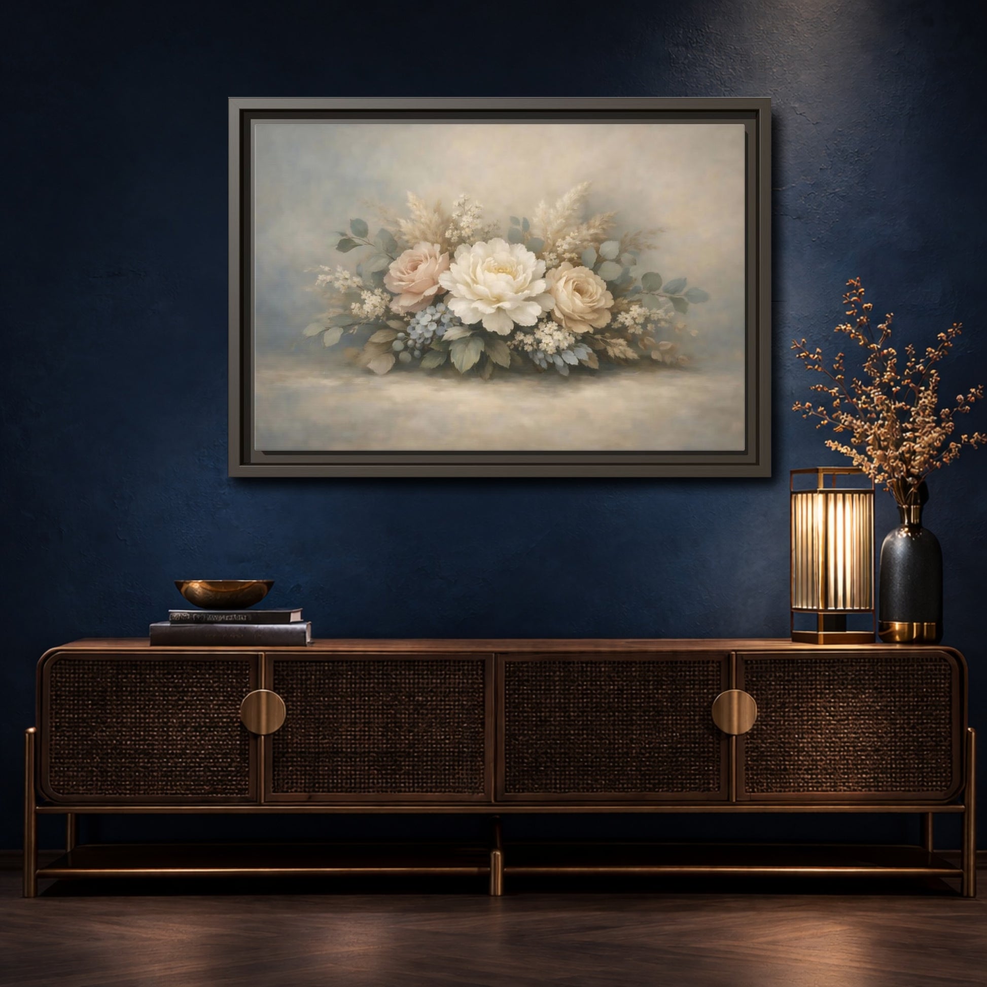 Mockup 4. Floral Floral Bouquet Pastel Floral shown as stretched canvas wall art