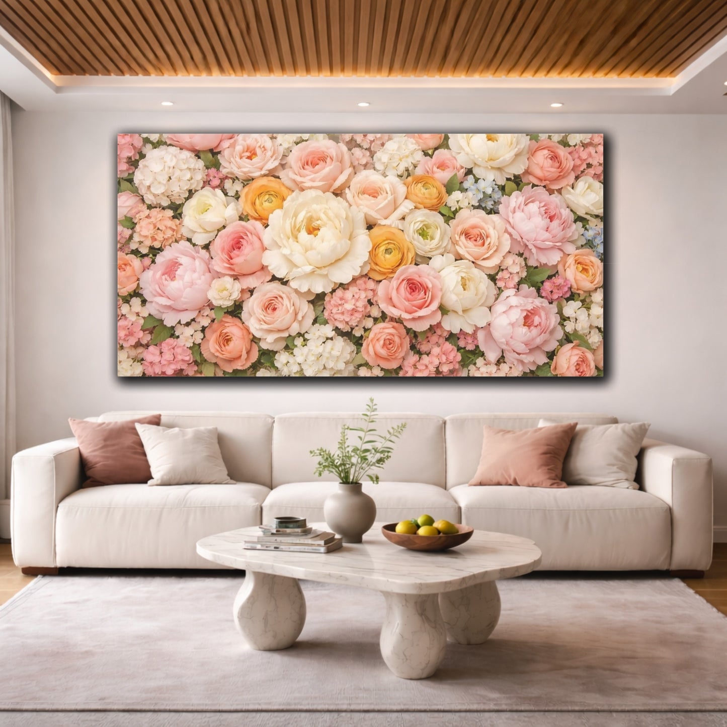 Mockup 3. Floral Floral Bouquet Pastel Flowers shown as stretched canvas wall art