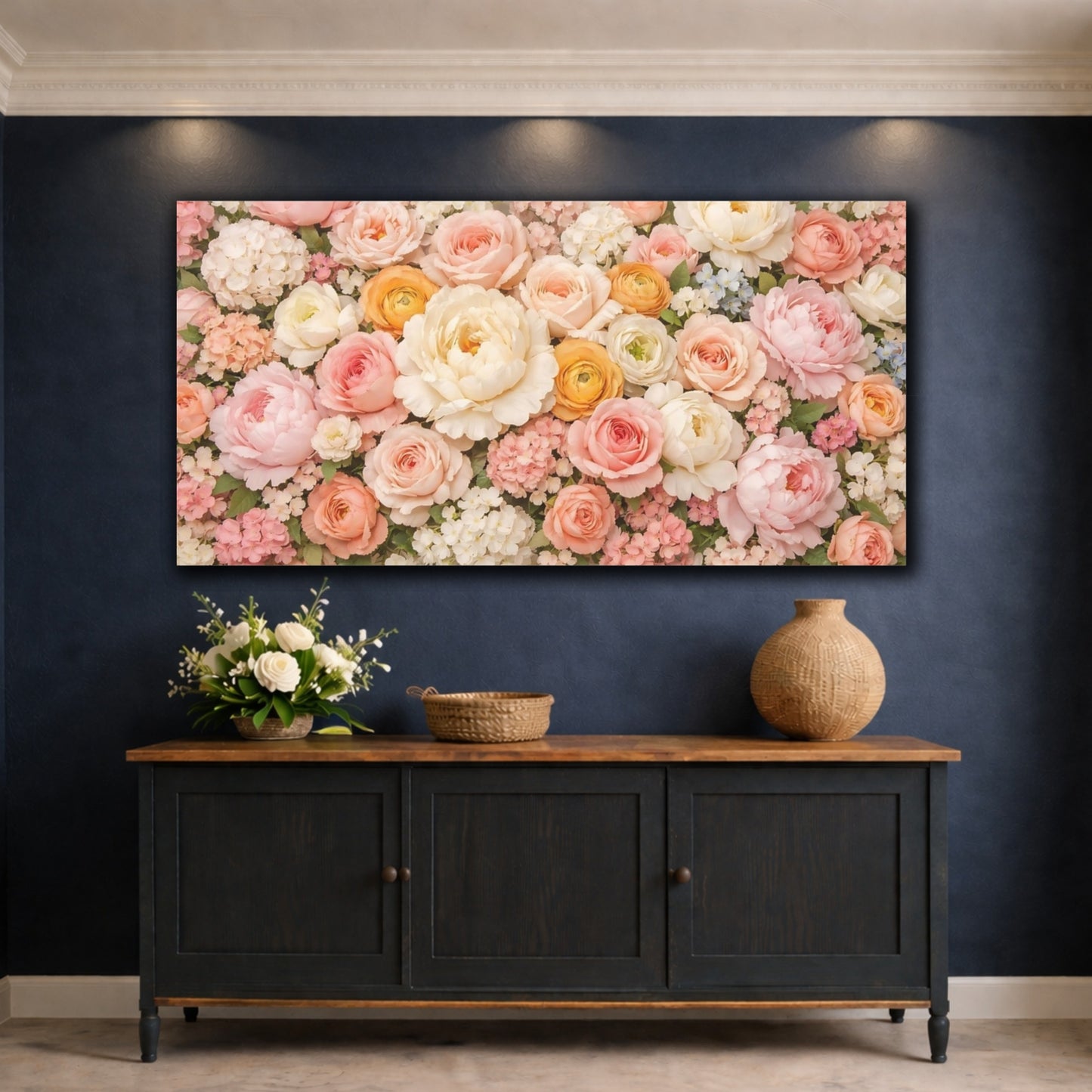 Mockup 4. Floral Floral Bouquet Pastel Flowers shown as stretched canvas wall art