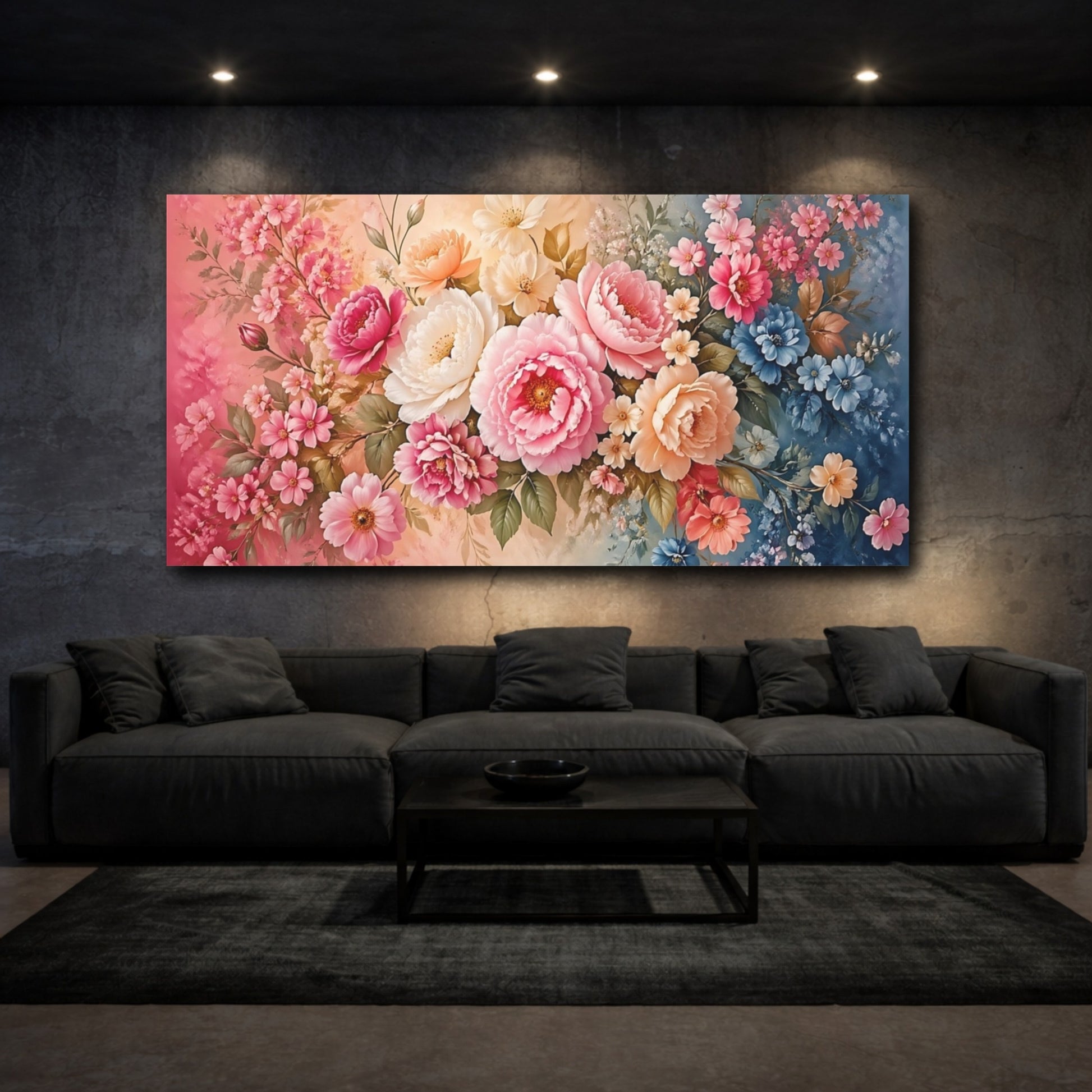 Mockup 2. Floral Floral Bouquet Pink And Blue Floral shown as stretched canvas wall art