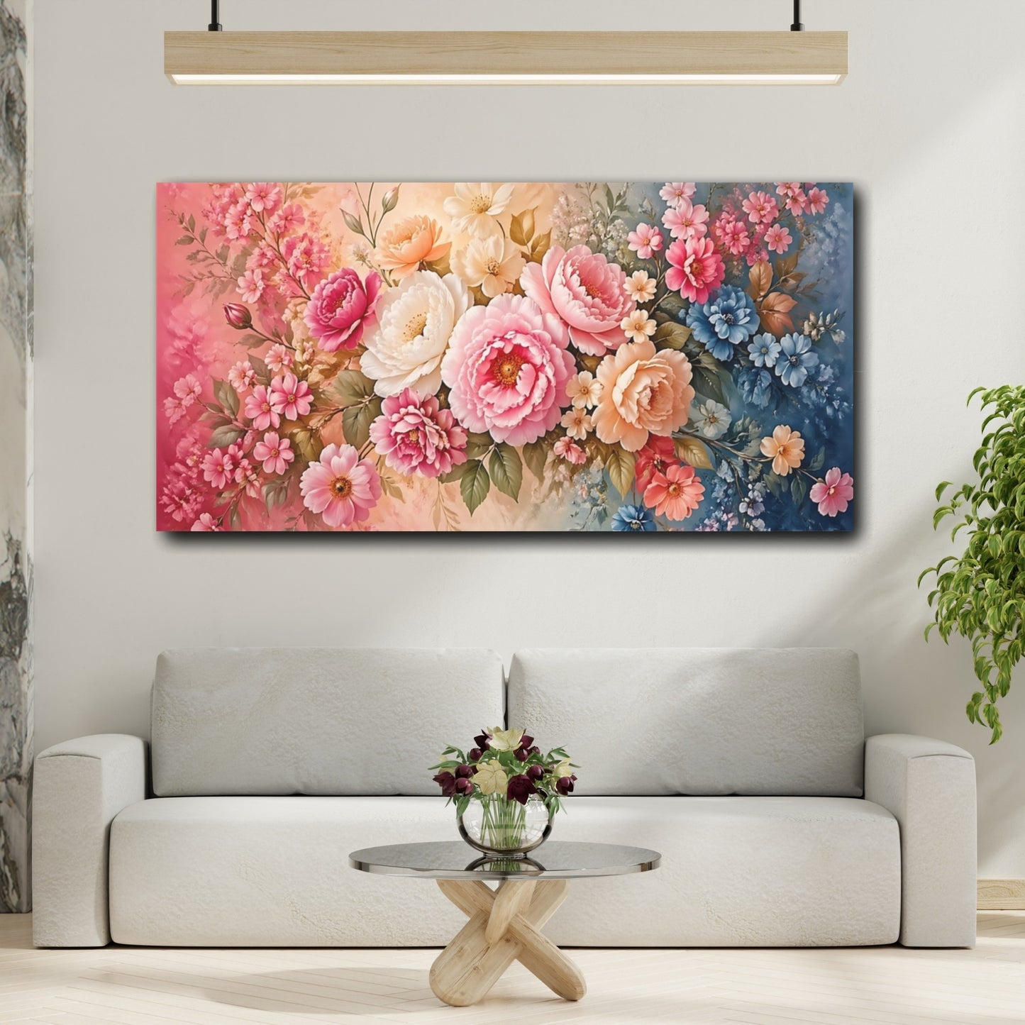 Mockup 3. Floral Floral Bouquet Pink And Blue Floral shown as stretched canvas wall art