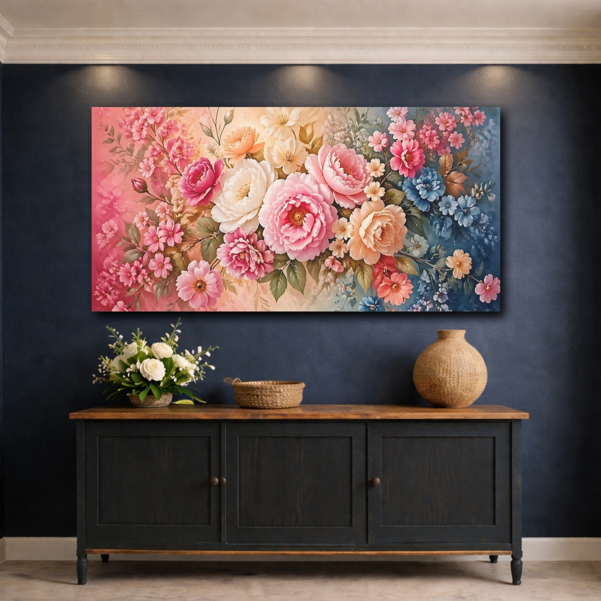 Mockup 4. Floral Floral Bouquet Pink And Blue Floral shown as stretched canvas wall art