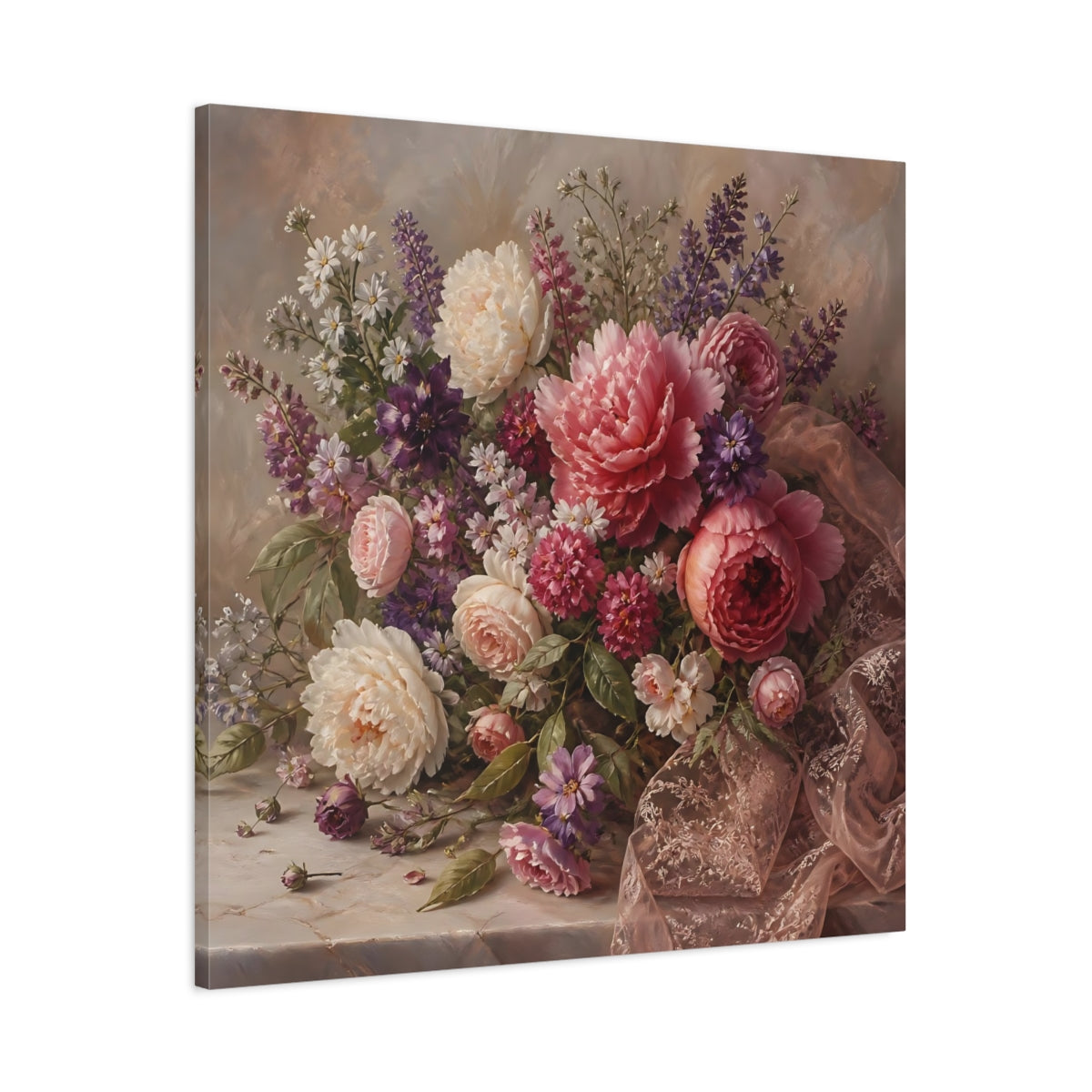 Main Mockup. Floral Floral Bouquet Pink Floral Bouquet shown as stretched canvas wall art