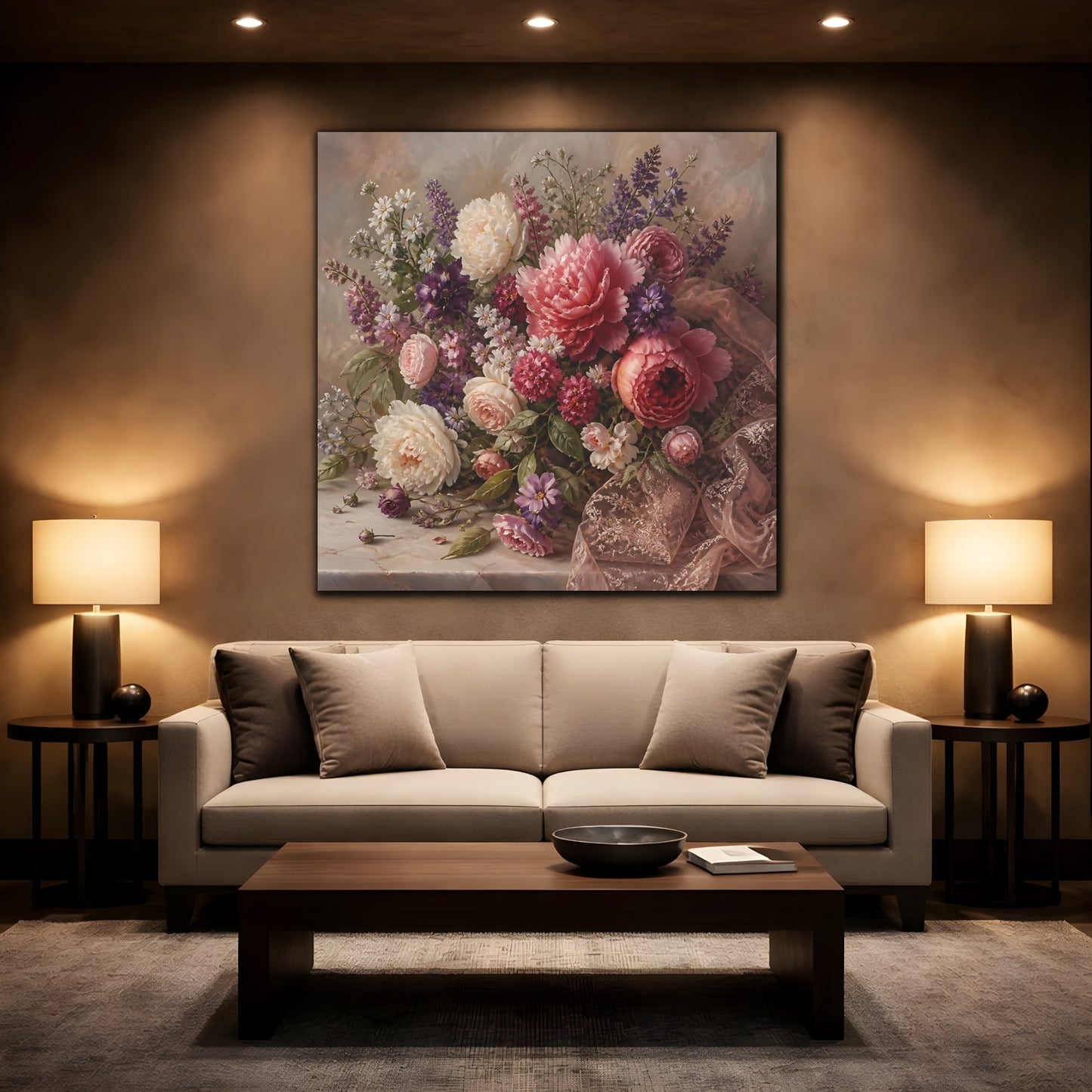 Mockup 2. Floral Floral Bouquet Pink Floral Bouquet shown as stretched canvas wall art