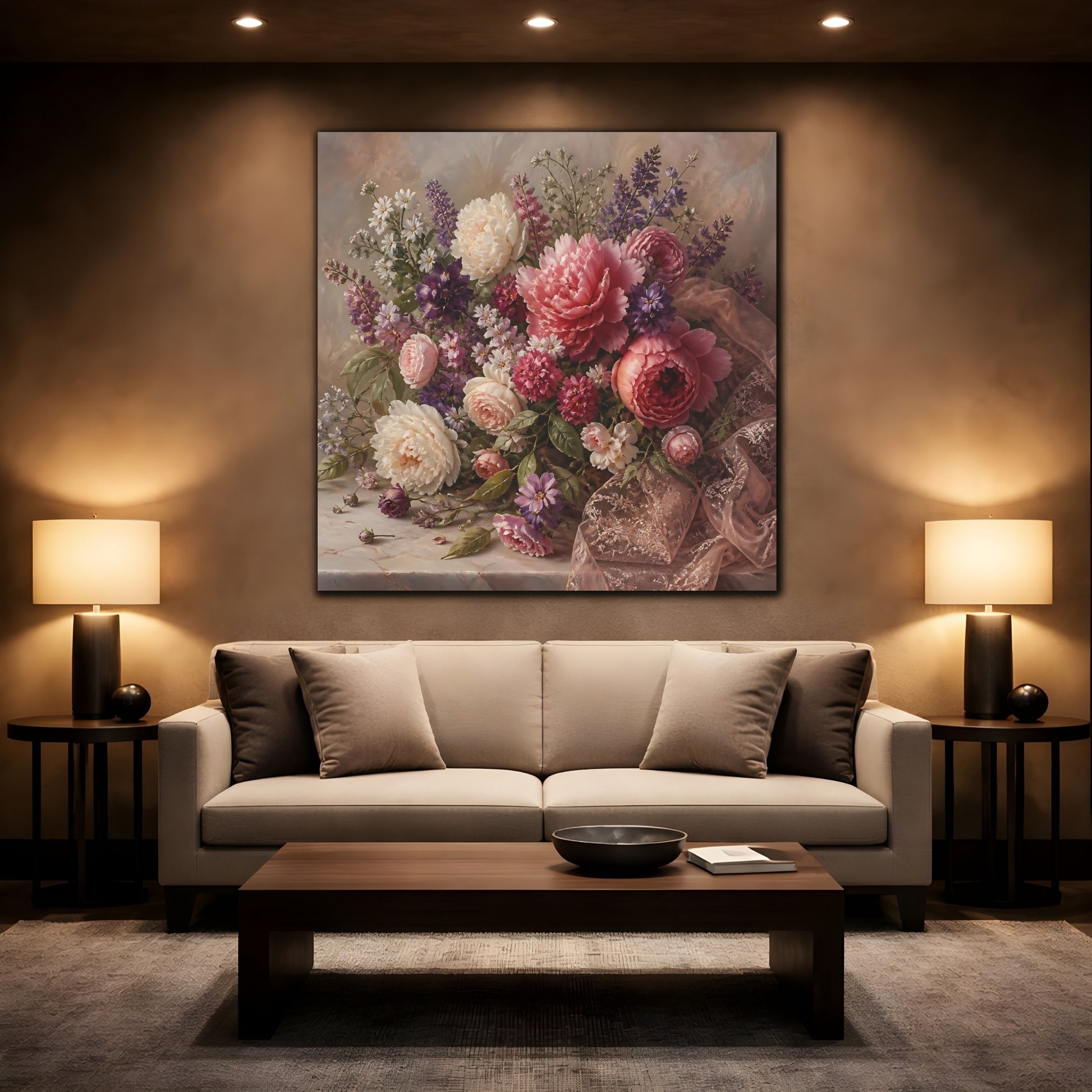Mockup 2. Floral Floral Bouquet Pink Floral Bouquet shown as stretched canvas wall art