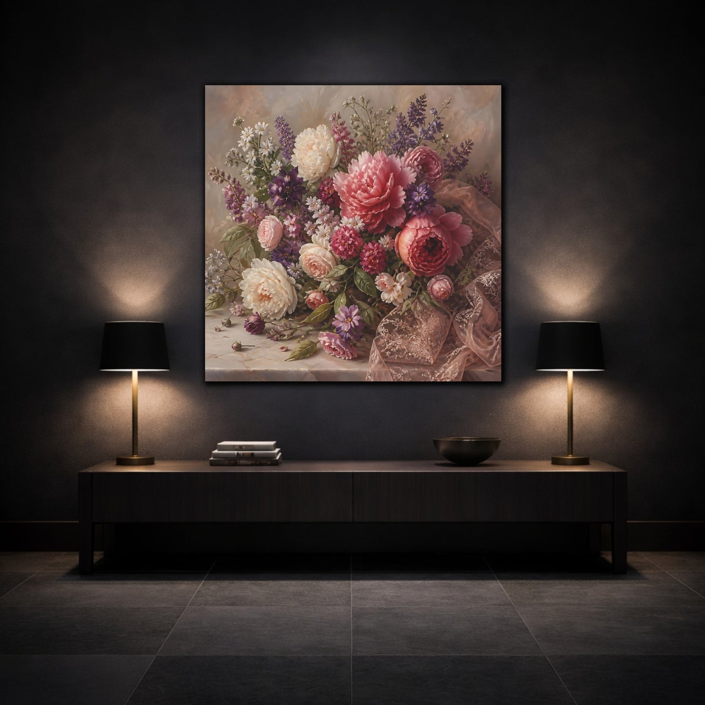 Mockup 3. Floral Floral Bouquet Pink Floral Bouquet shown as stretched canvas wall art