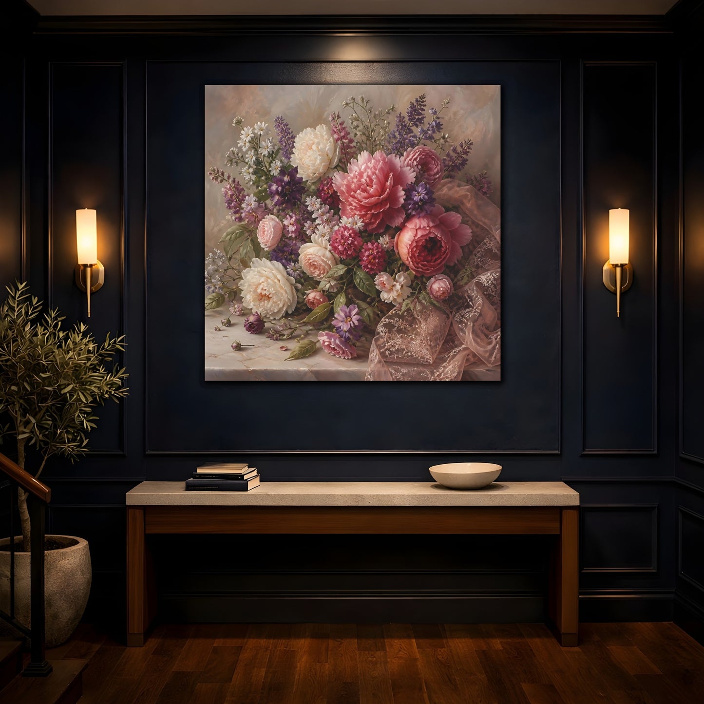 Mockup 4. Floral Floral Bouquet Pink Floral Bouquet shown as stretched canvas wall art