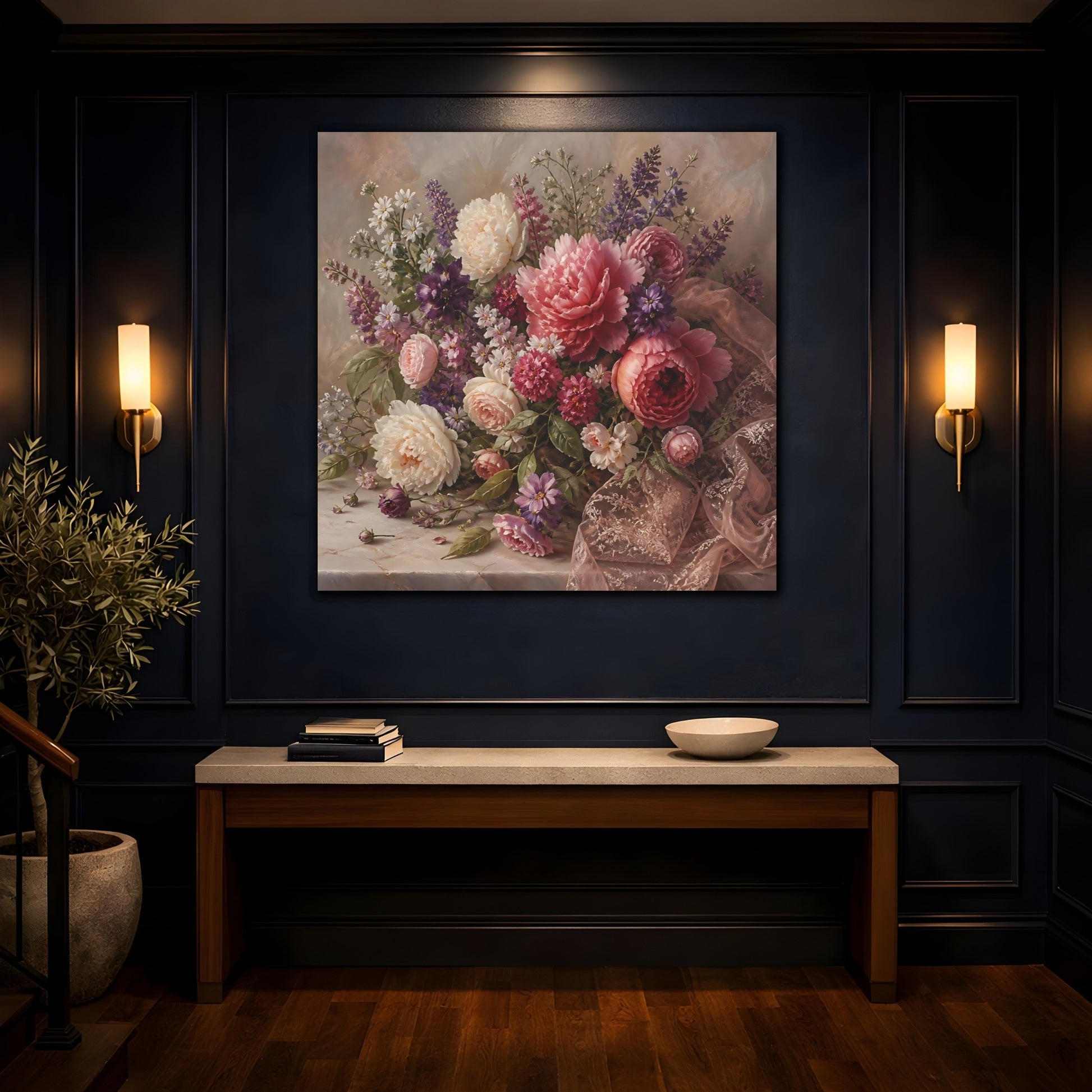 Mockup 4. Floral Floral Bouquet Pink Floral Bouquet shown as stretched canvas wall art