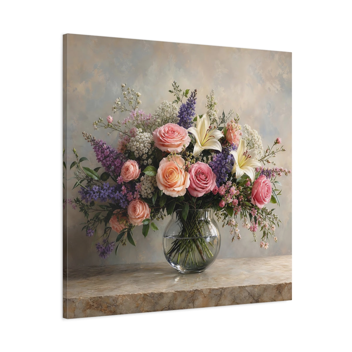 Main Mockup. Floral Floral Bouquet Pink Peach Flowers shown as stretched canvas wall art