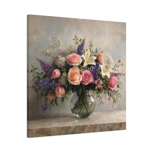 Main Mockup. Floral Floral Bouquet Pink Peach Flowers shown as stretched canvas wall art
