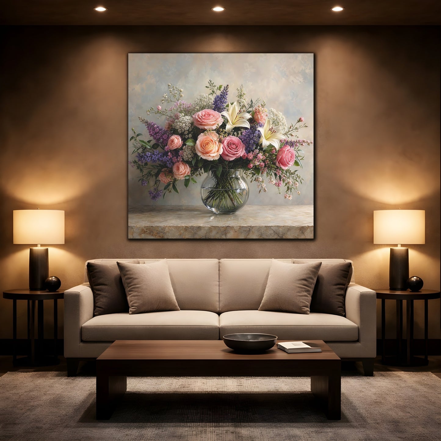 Mockup 2. Floral Floral Bouquet Pink Peach Flowers shown as stretched canvas wall art