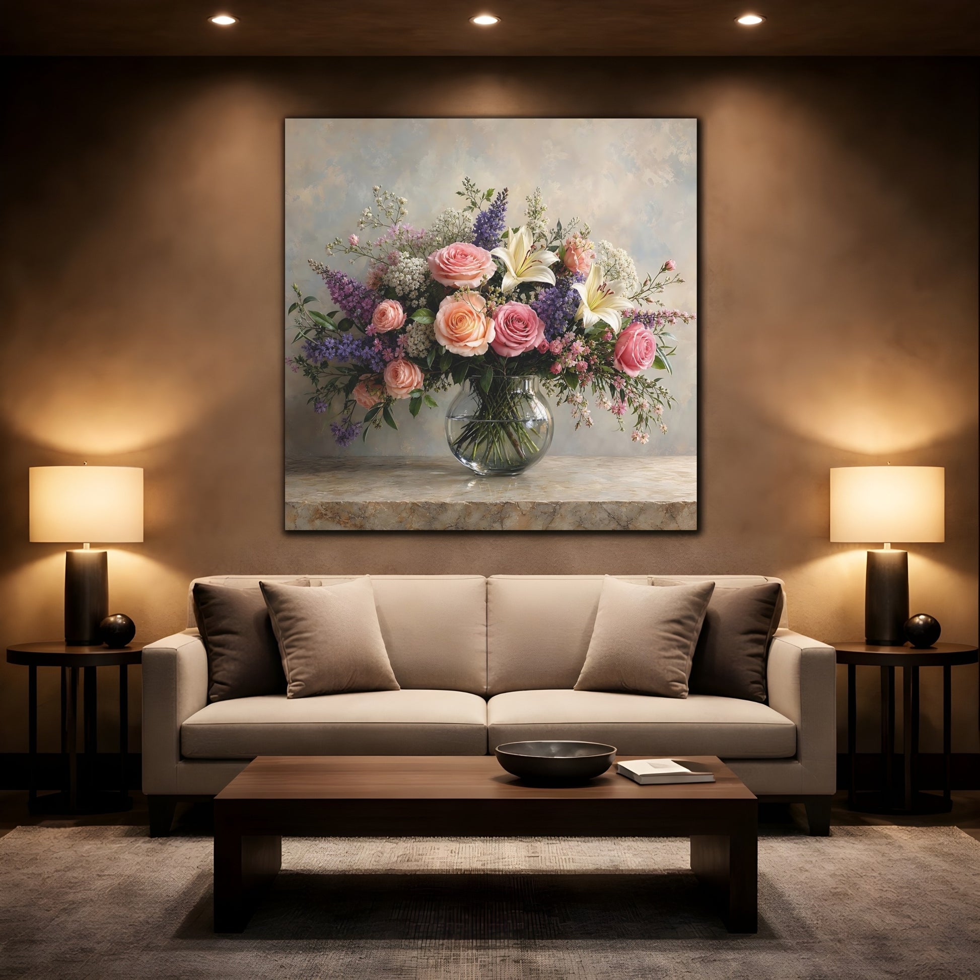 Mockup 2. Floral Floral Bouquet Pink Peach Flowers shown as stretched canvas wall art
