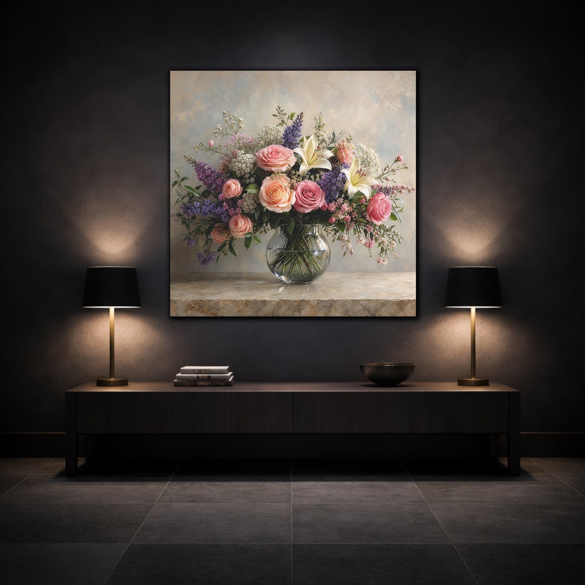 Mockup 3. Floral Floral Bouquet Pink Peach Flowers shown as stretched canvas wall art