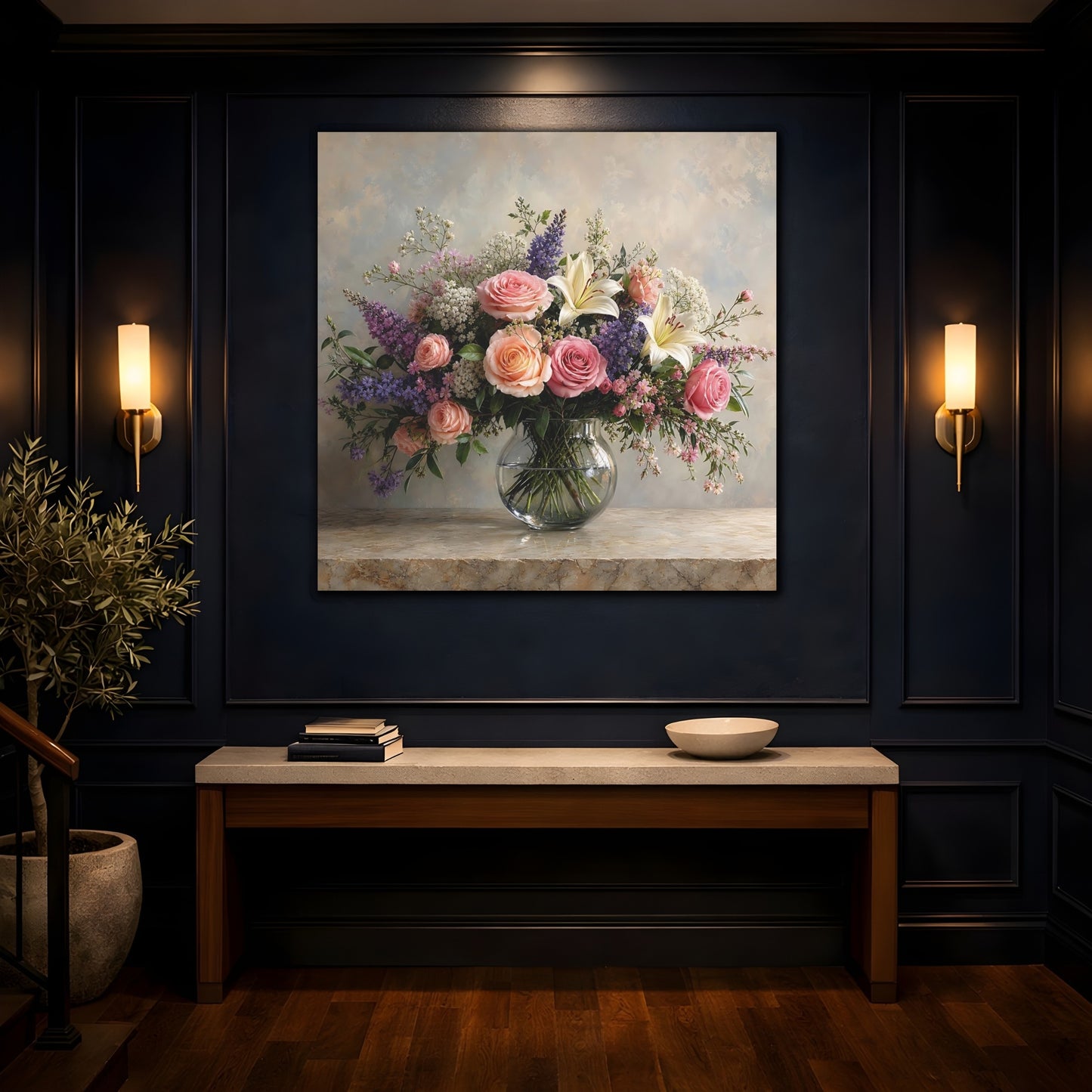 Mockup 4. Floral Floral Bouquet Pink Peach Flowers shown as stretched canvas wall art