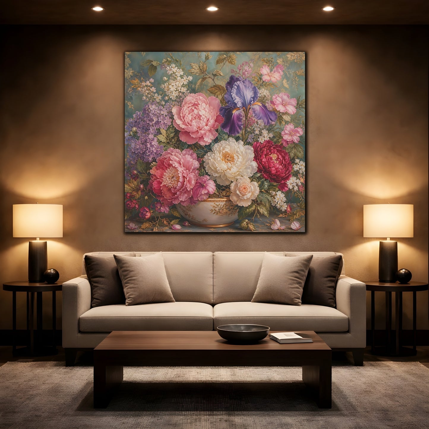 Mockup 2. Floral Floral Bouquet Pink Purple Teal shown as stretched canvas wall art