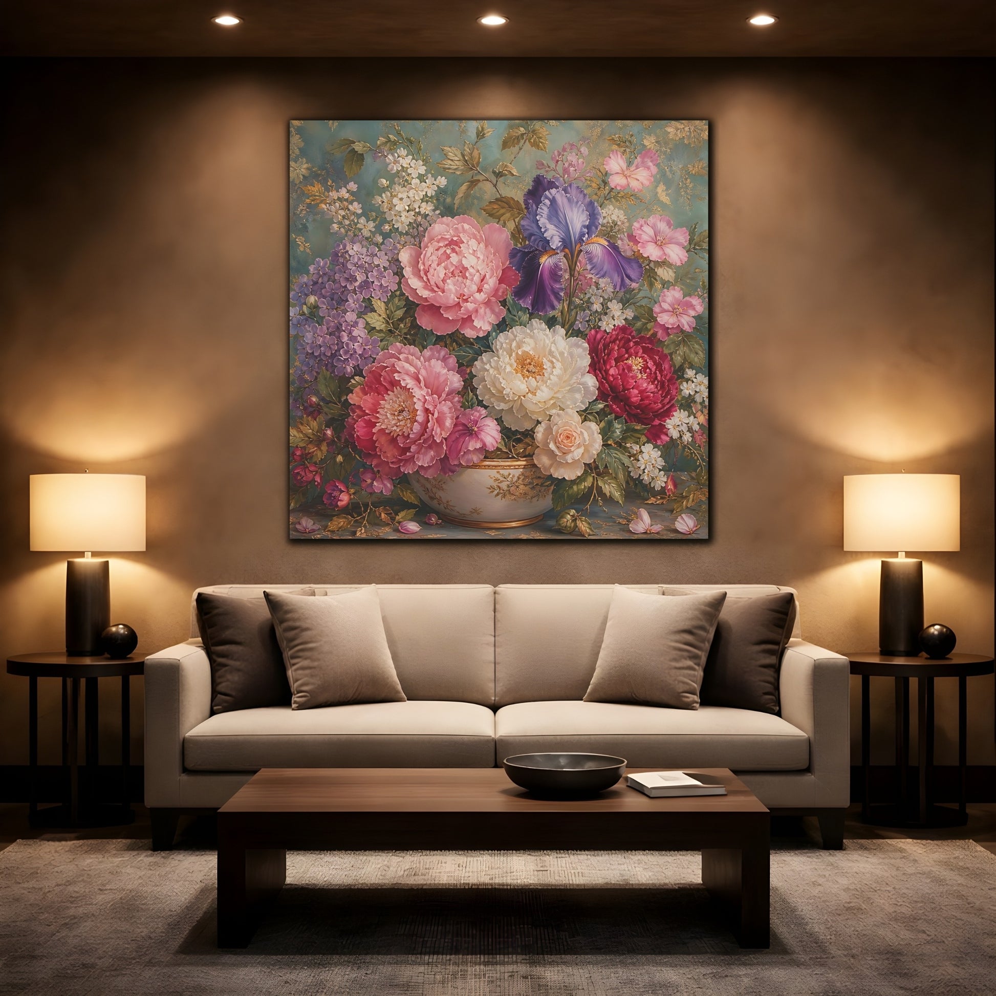 Mockup 2. Floral Floral Bouquet Pink Purple Teal shown as stretched canvas wall art