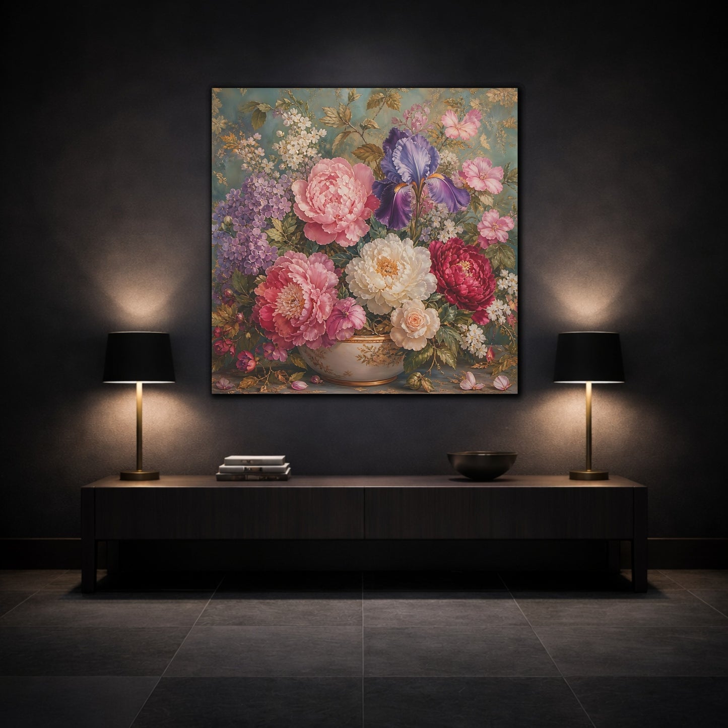 Mockup 3. Floral Floral Bouquet Pink Purple Teal shown as stretched canvas wall art
