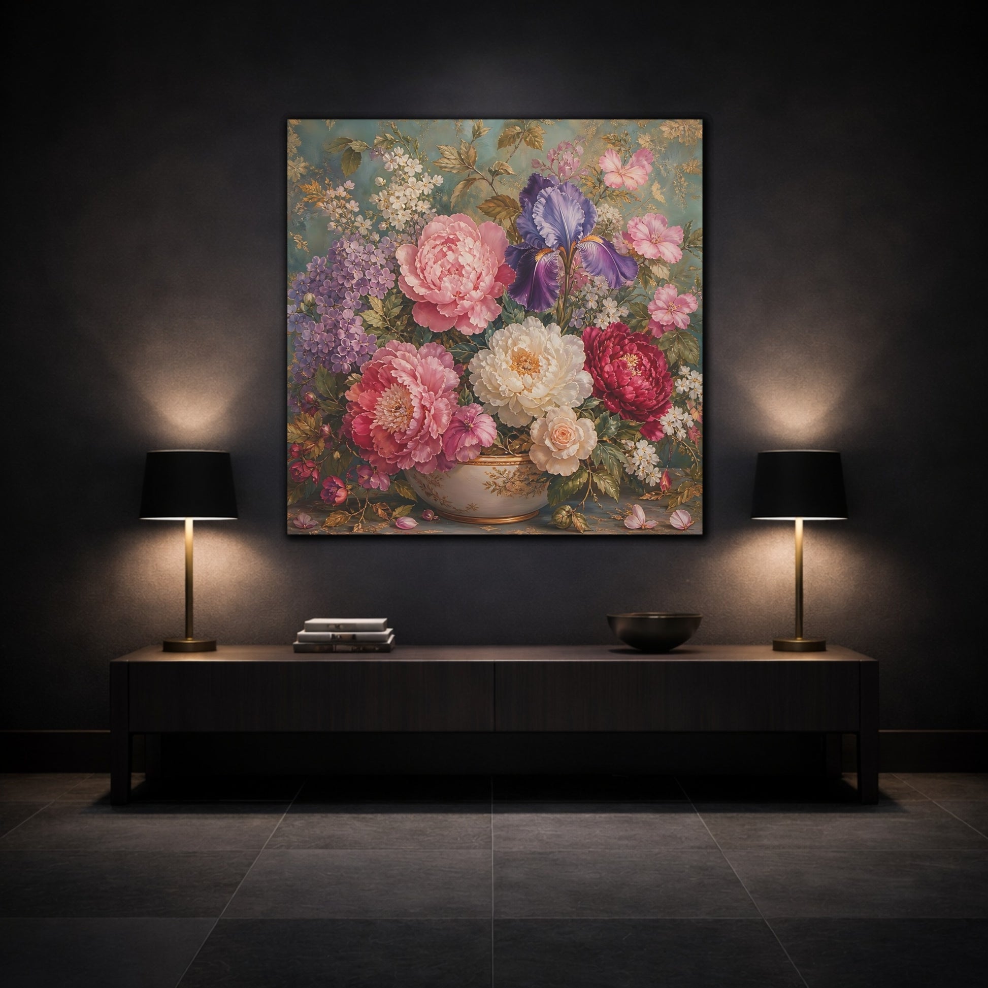 Mockup 3. Floral Floral Bouquet Pink Purple Teal shown as stretched canvas wall art