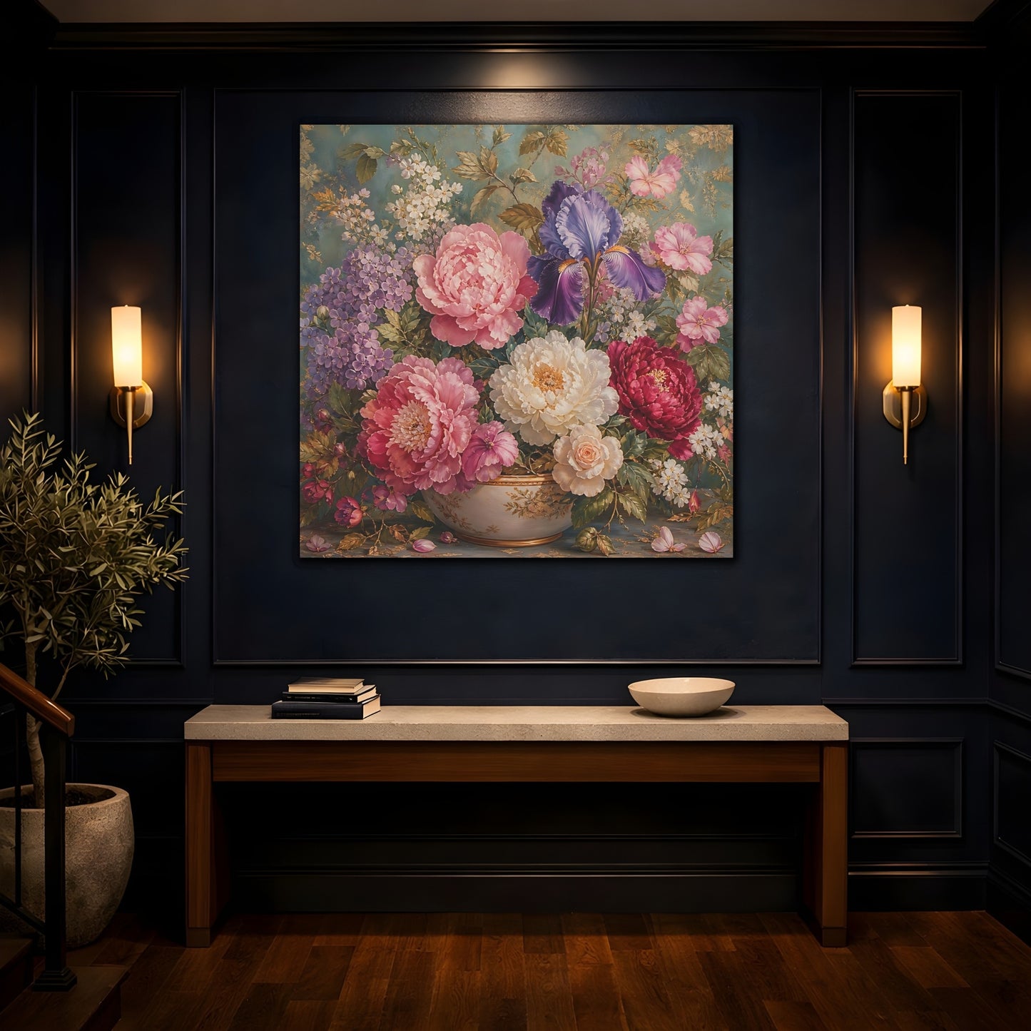 Mockup 4. Floral Floral Bouquet Pink Purple Teal shown as stretched canvas wall art