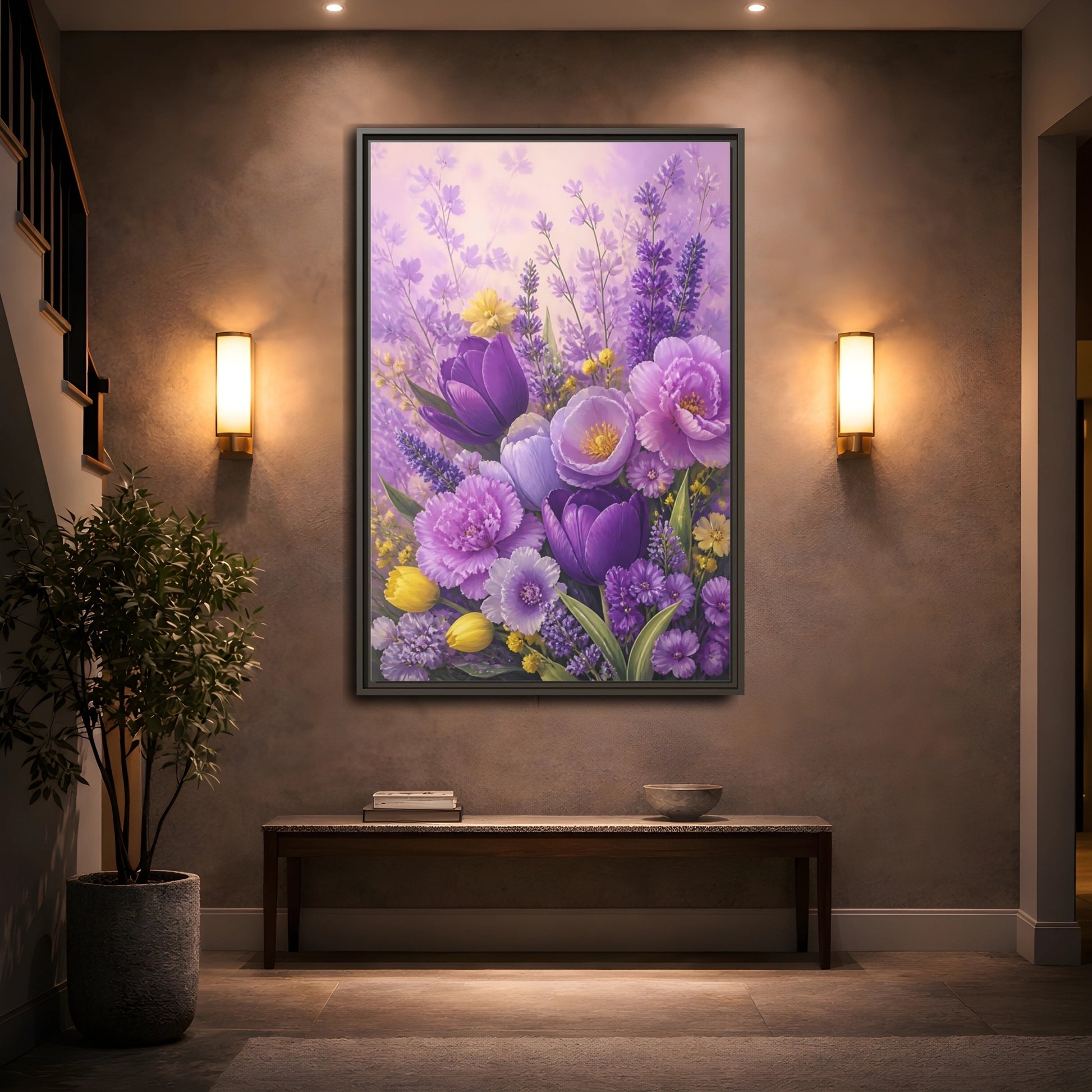 Mockup 2. Floral Floral Bouquet Purple Floral shown as framed canvas print