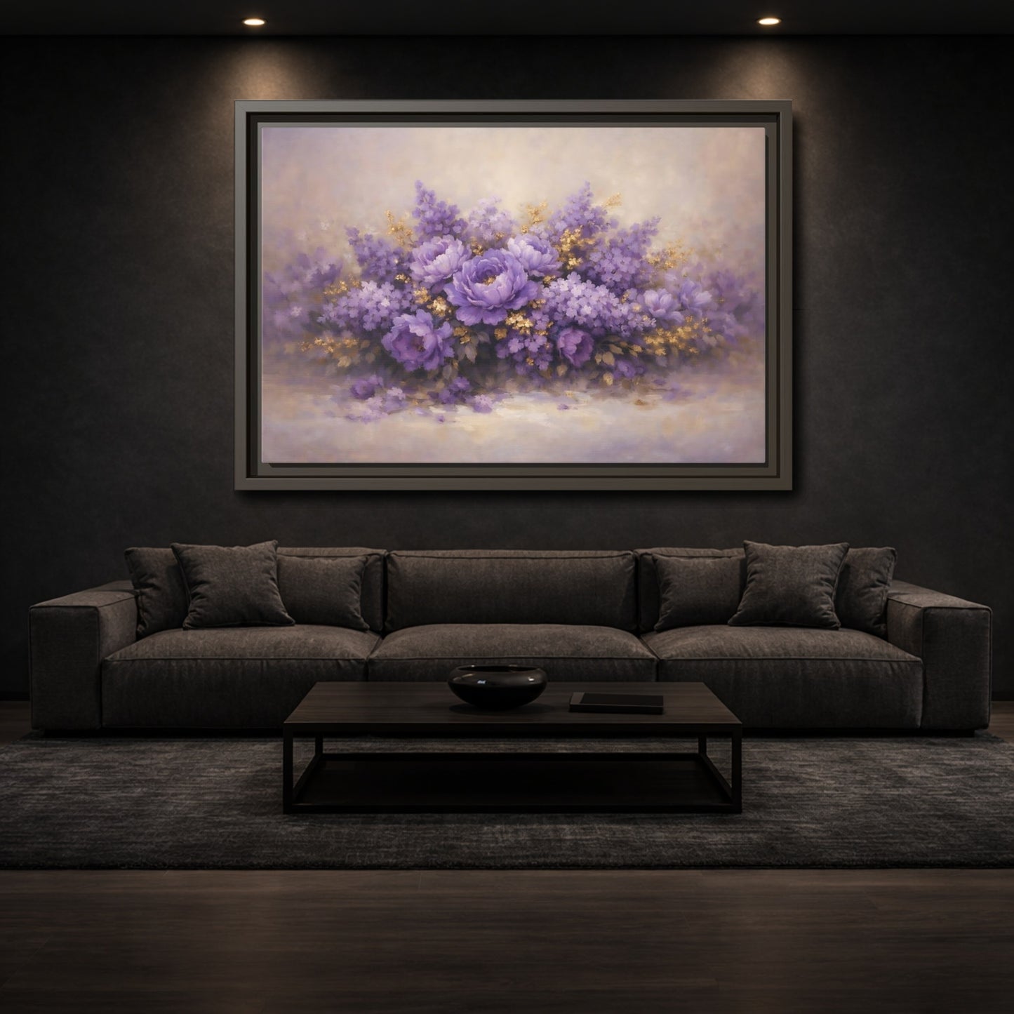 Mockup 2. Floral Floral Bouquet Purple Floral shown as stretched canvas wall art