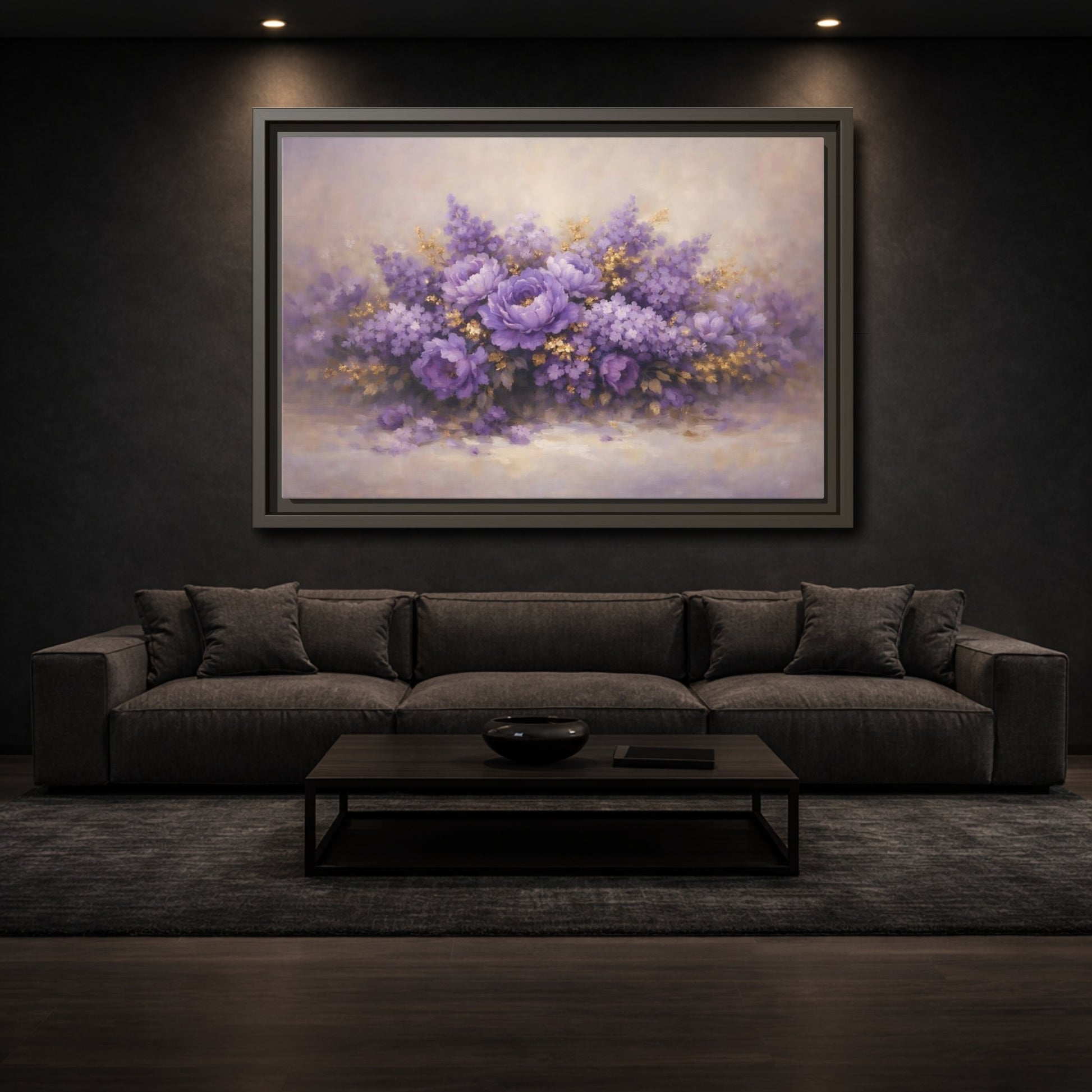 Mockup 2. Floral Floral Bouquet Purple Floral shown as stretched canvas wall art