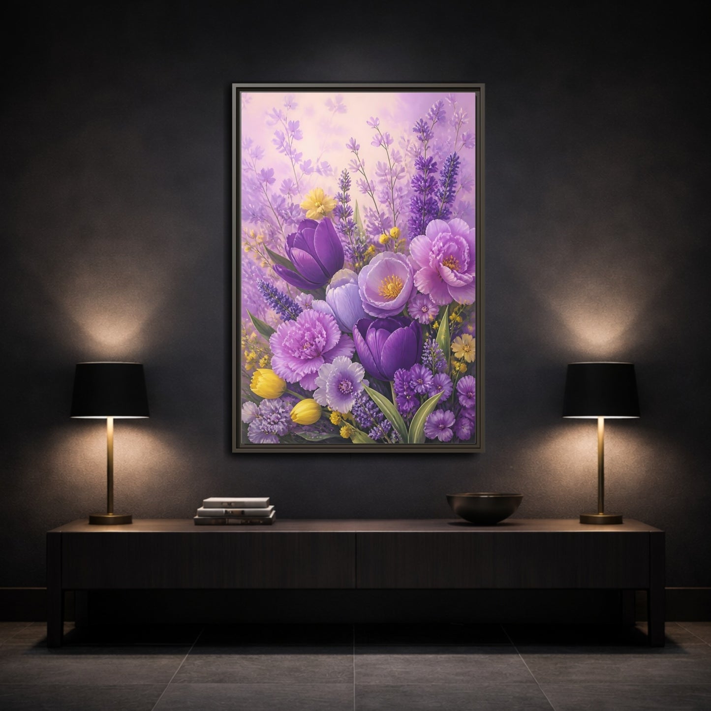 Mockup 3. Floral Floral Bouquet Purple Floral shown as framed canvas print