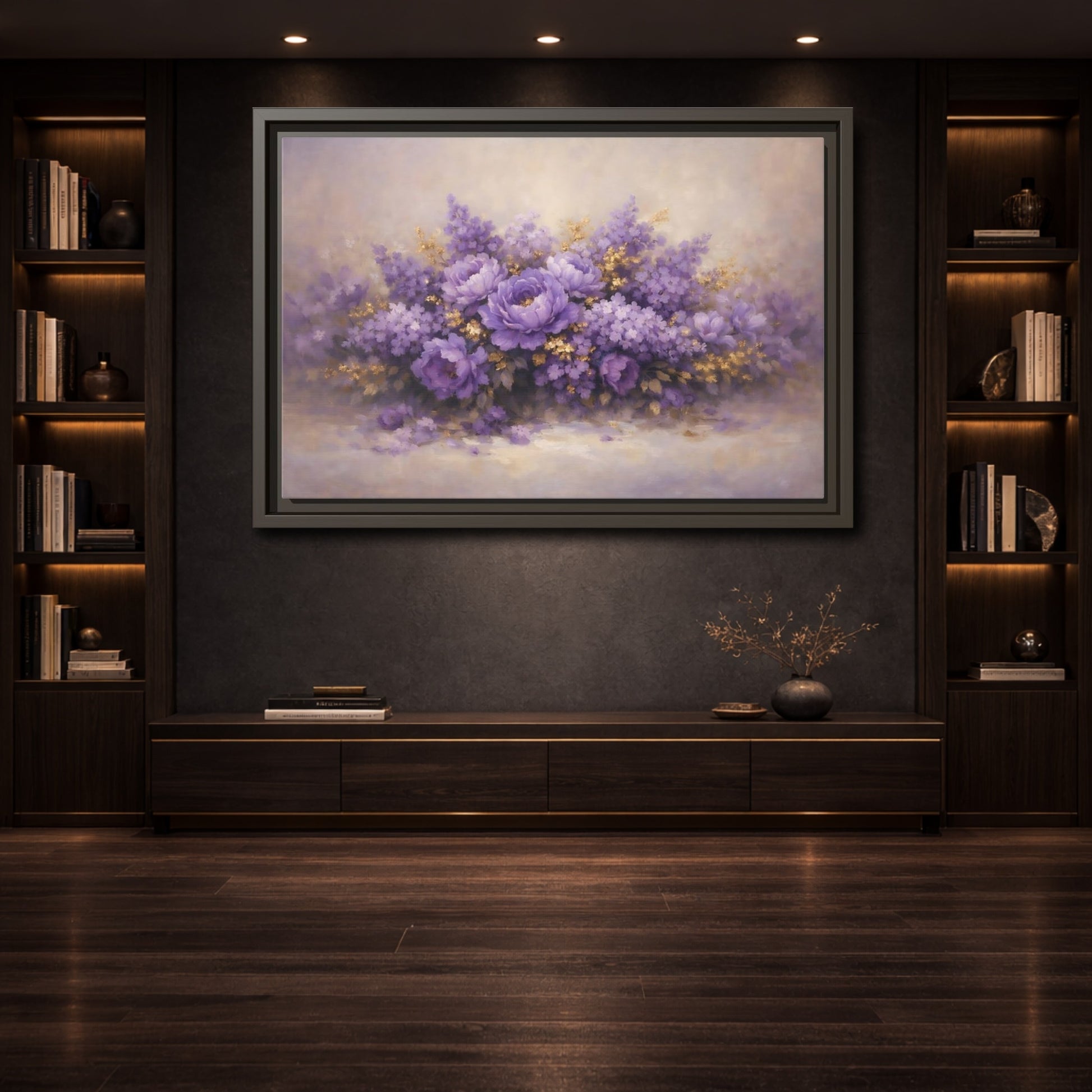 Mockup 3. Floral Floral Bouquet Purple Floral shown as stretched canvas wall art