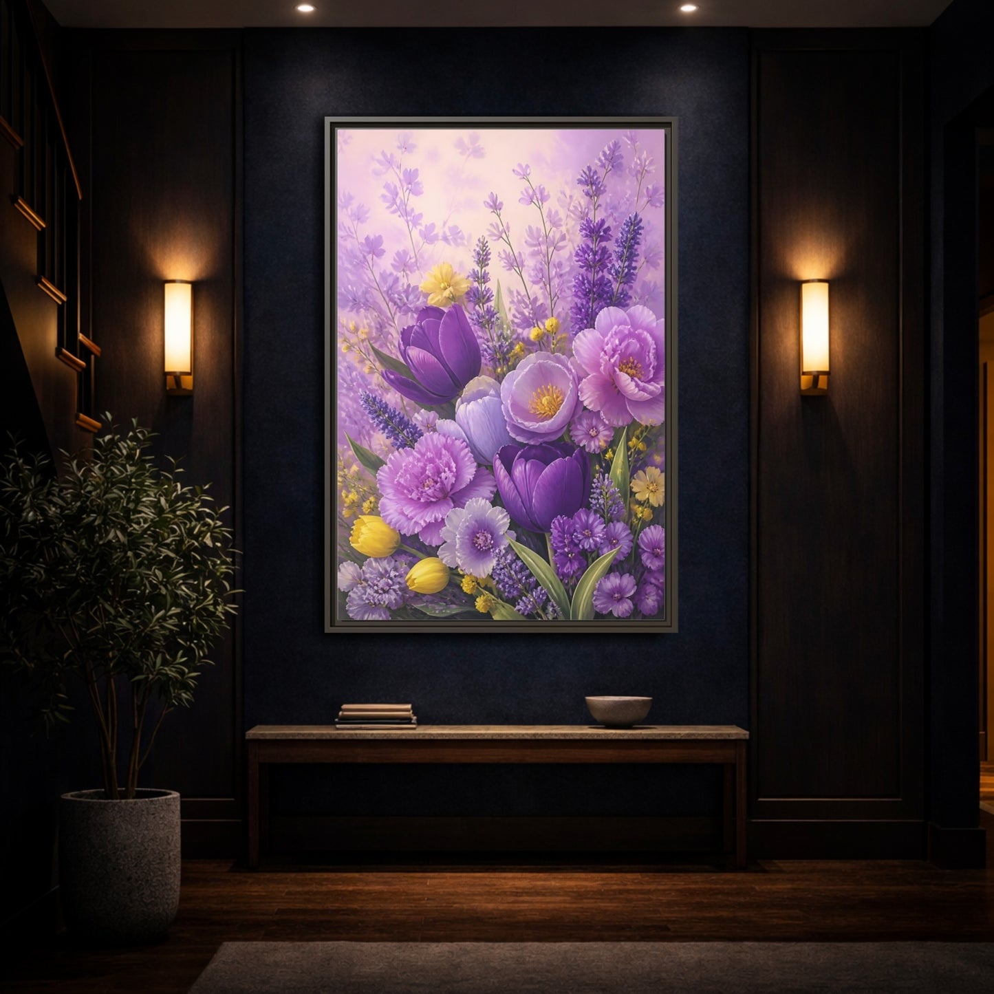 Mockup 4. Floral Floral Bouquet Purple Floral shown as framed canvas print