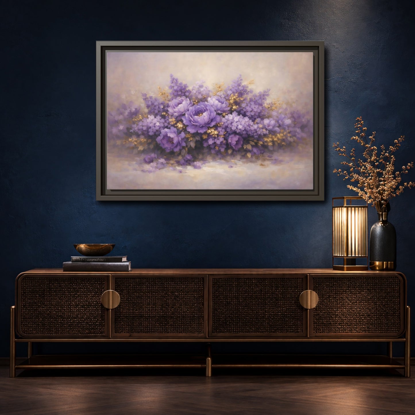 Mockup 4. Floral Floral Bouquet Purple Floral shown as stretched canvas wall art