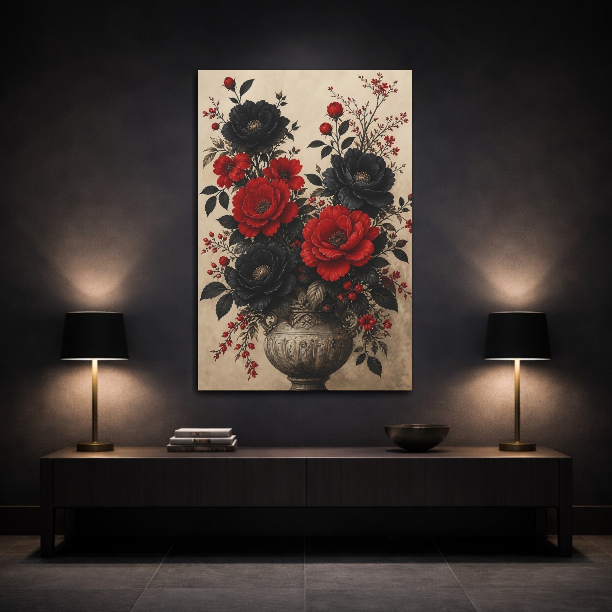 Mockup 3. Floral Floral Bouquet Red Black Floral shown as canvas print