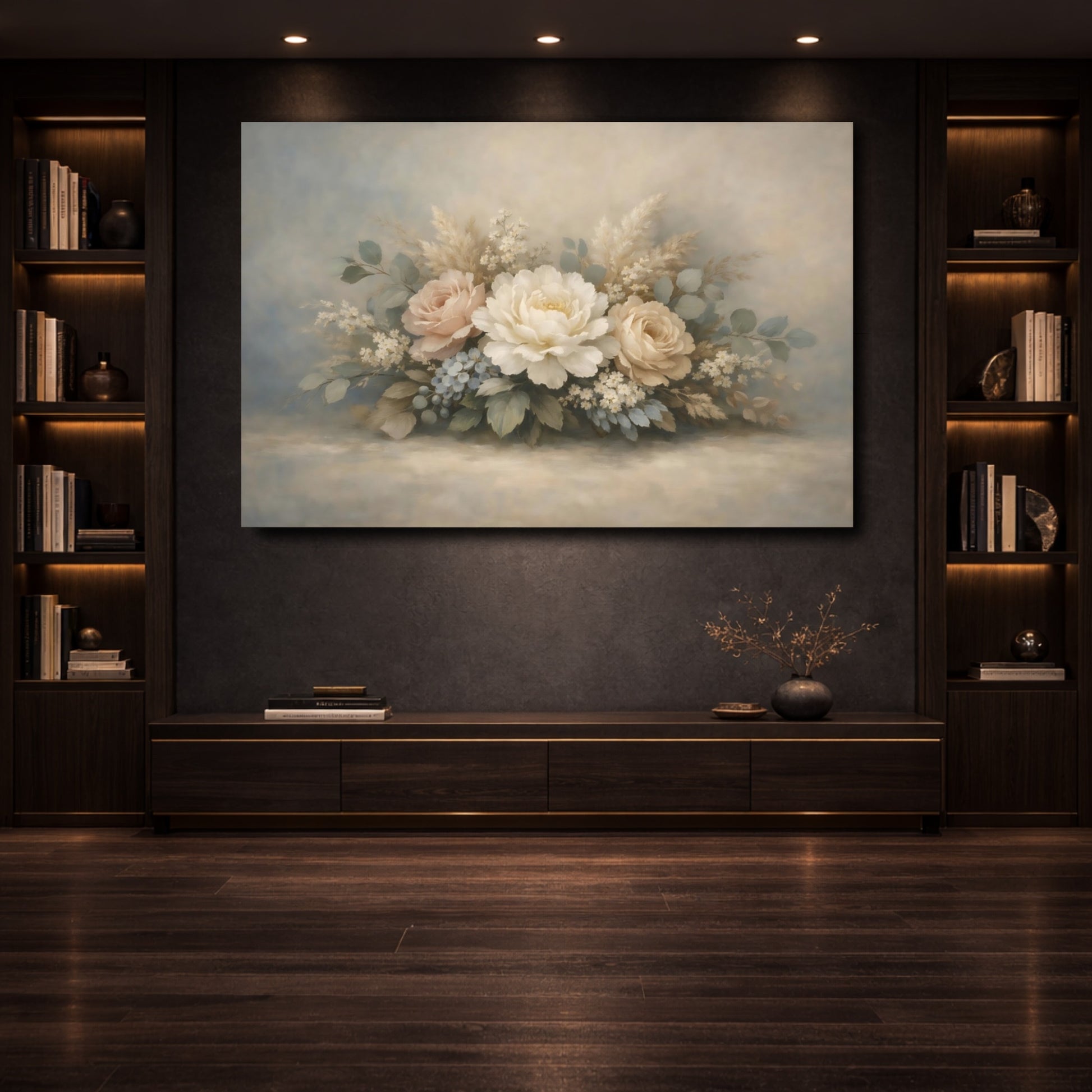 Mockup 3. Floral Floral Bouquet Soft Pastel Floral shown as stretched canvas wall art