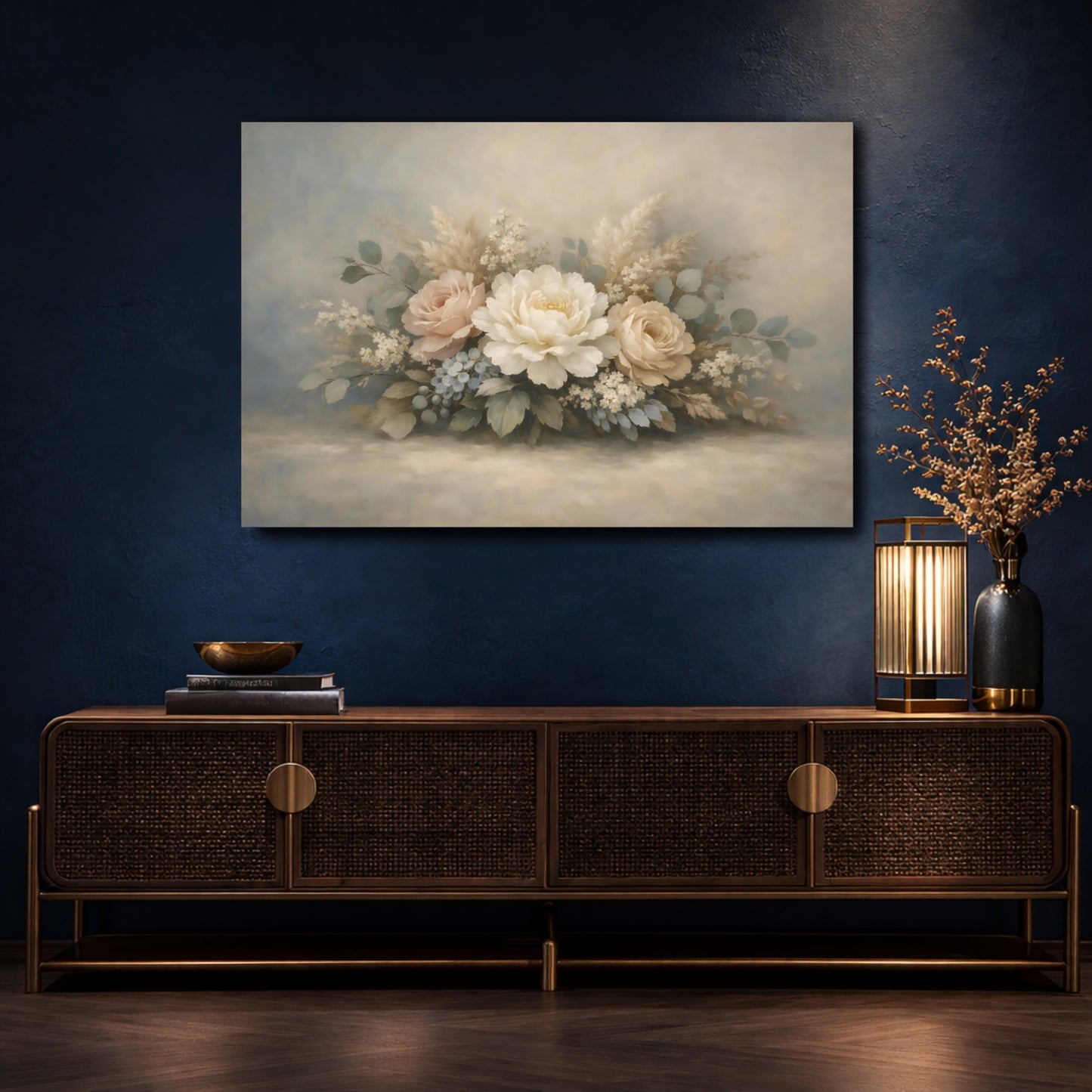Mockup 4. Floral Floral Bouquet Soft Pastel Floral shown as stretched canvas wall art