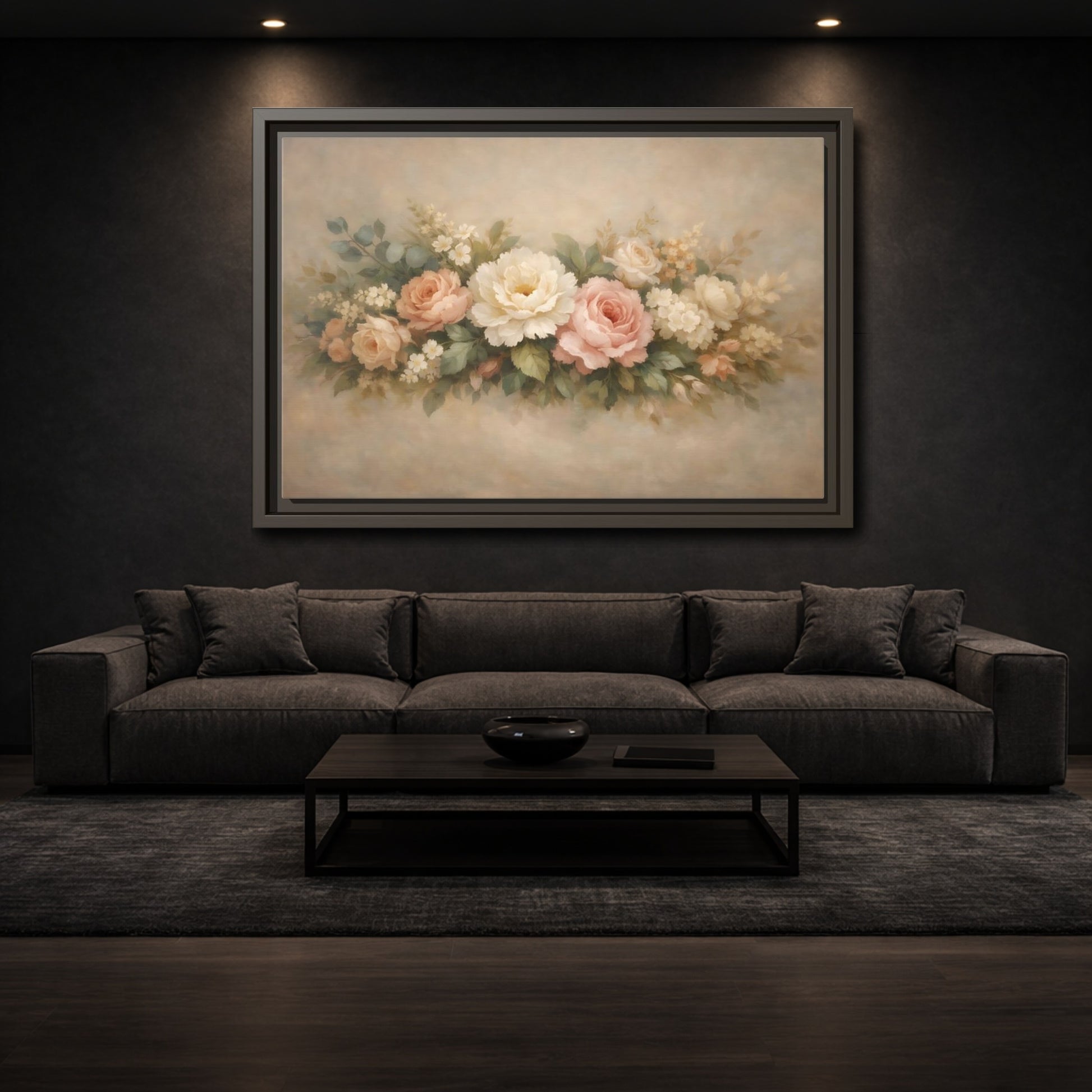 Mockup 2. Floral Floral Bouquet Soft Pink Floral shown as stretched canvas wall art