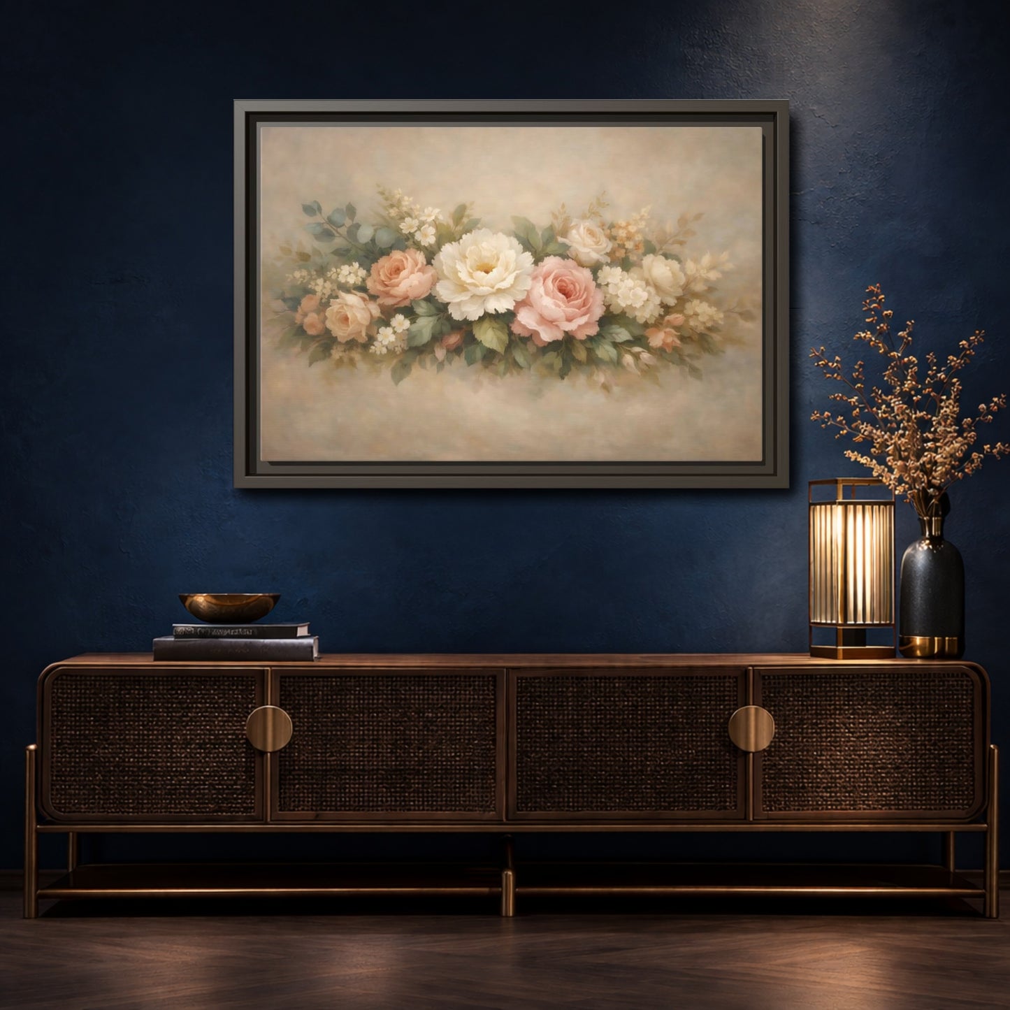 Mockup 4. Floral Floral Bouquet Soft Pink Floral shown as stretched canvas wall art
