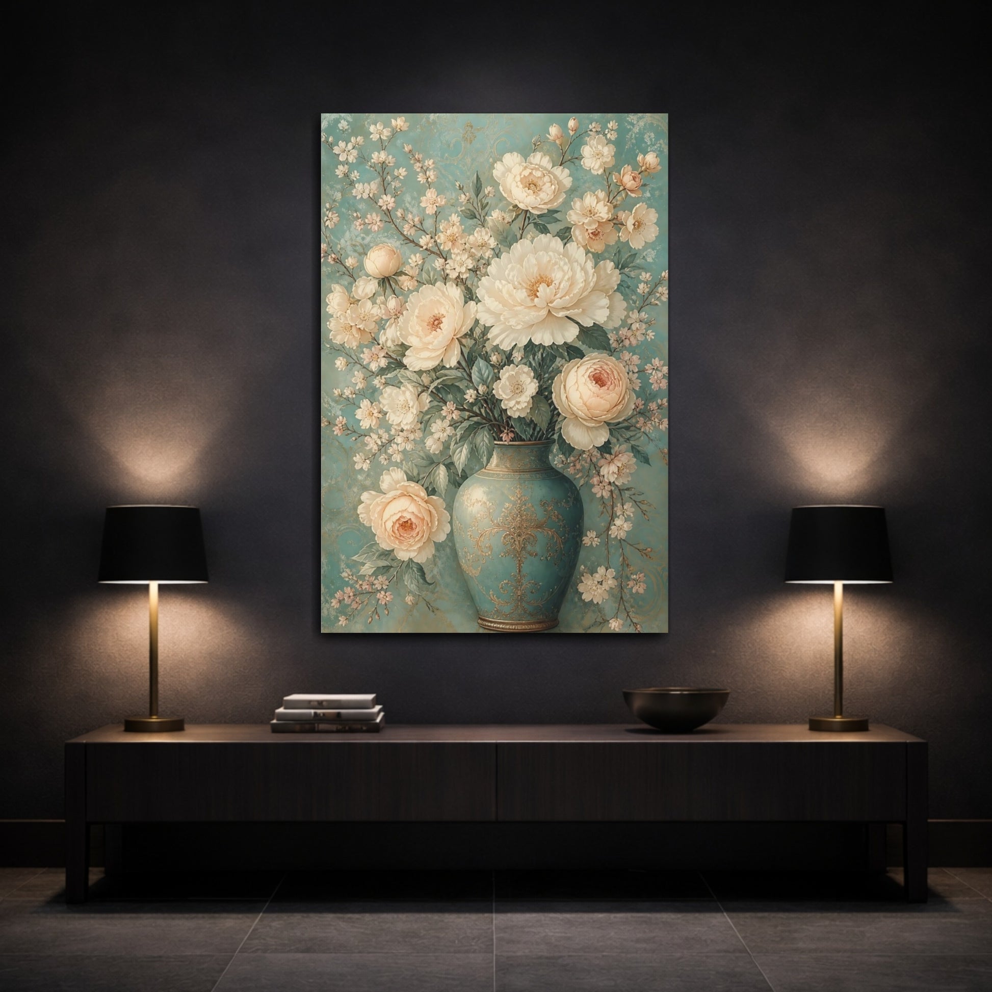 Mockup 3. Floral Floral Bouquet Teal And Cream Floral shown as canvas print