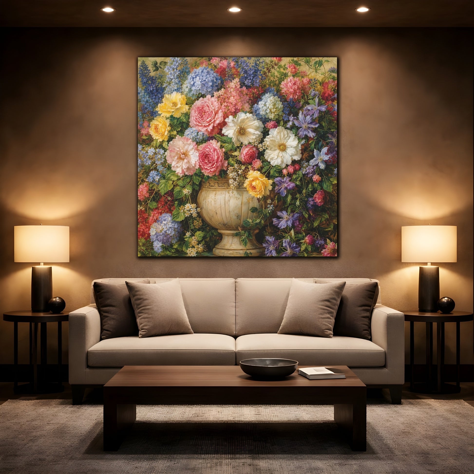 Mockup 2. Floral Floral Bouquet Vibrant Floral Art shown as stretched canvas wall art