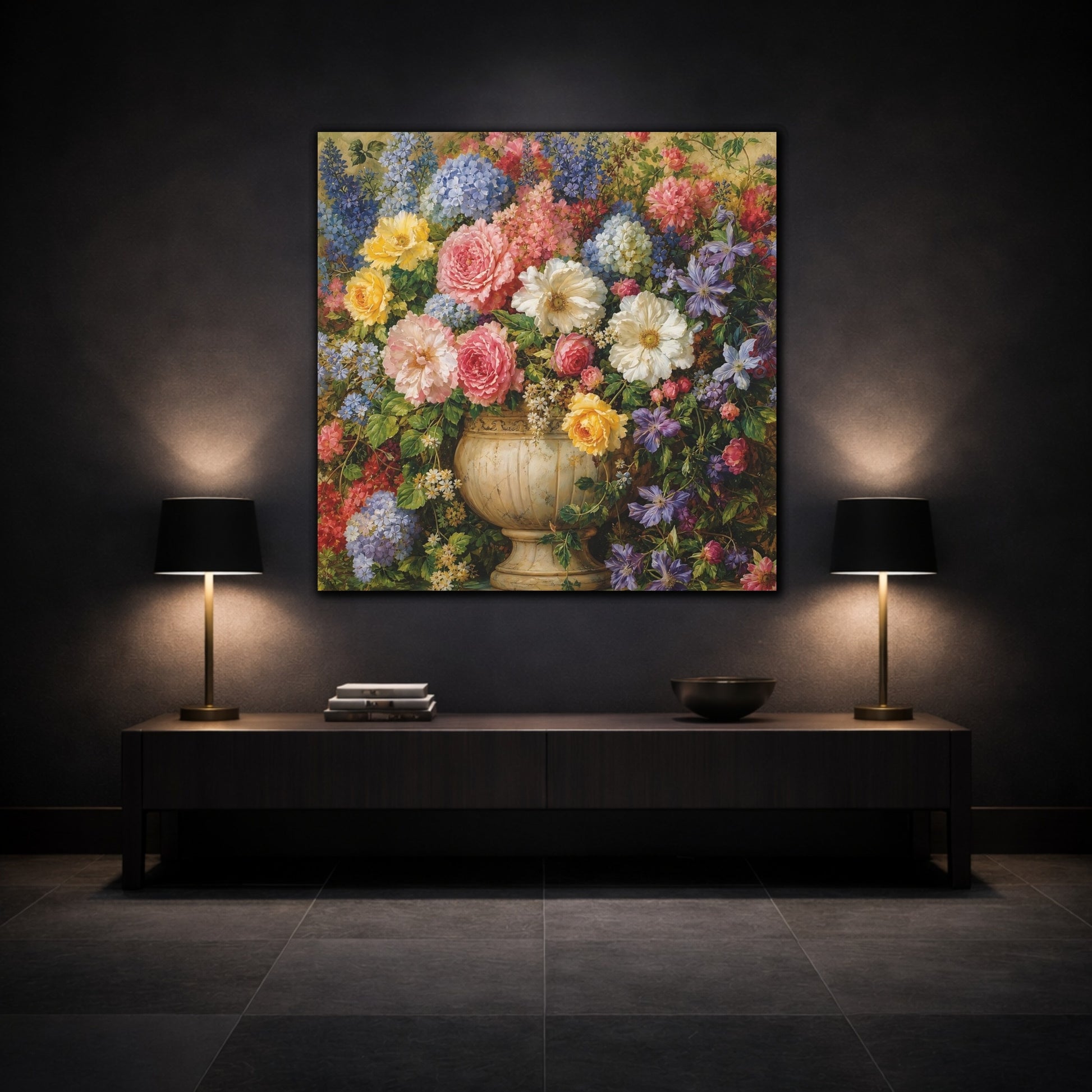 Mockup 3. Floral Floral Bouquet Vibrant Floral Art shown as stretched canvas wall art