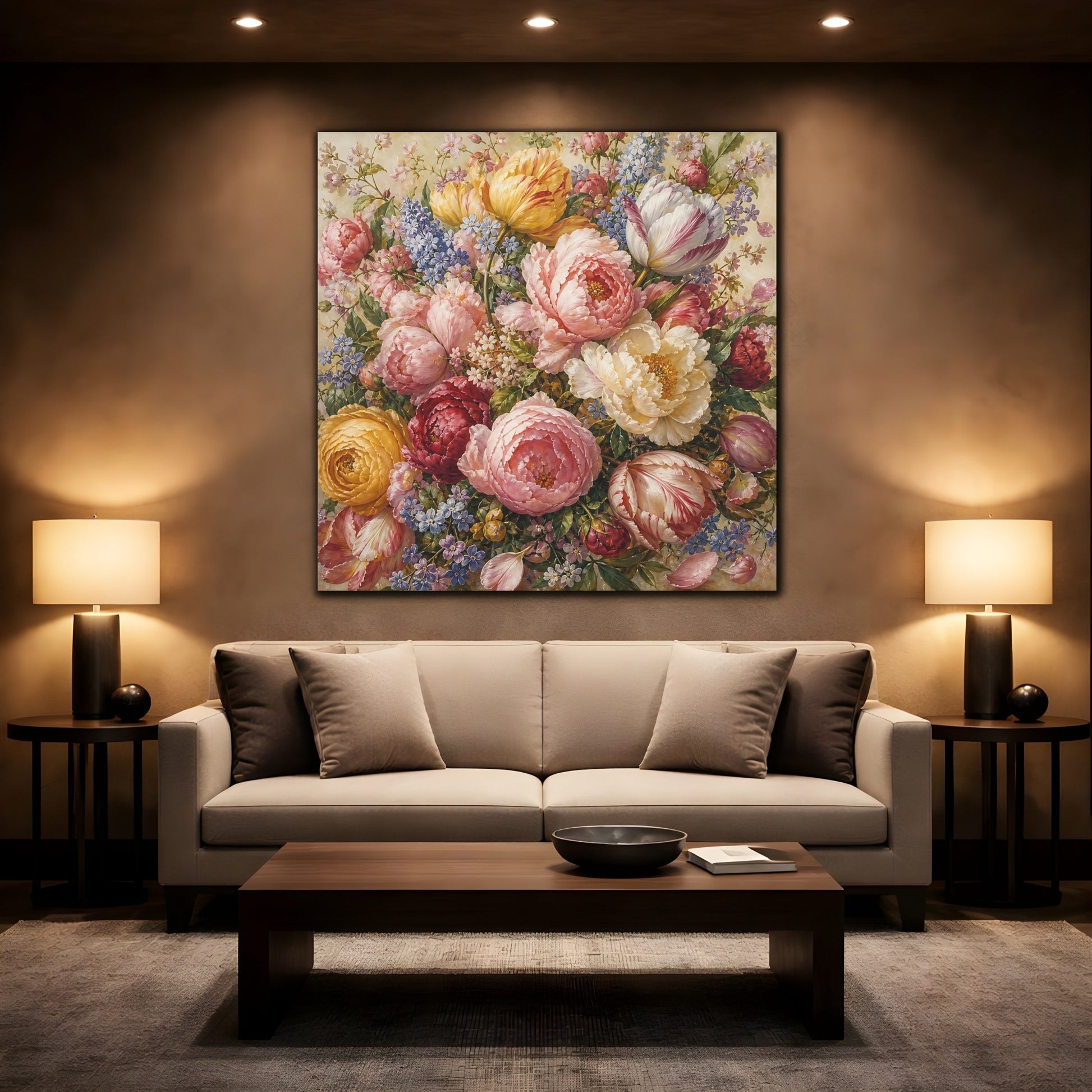 Mockup 2. Floral Floral Bouquet Vibrant Floral shown as stretched canvas wall art